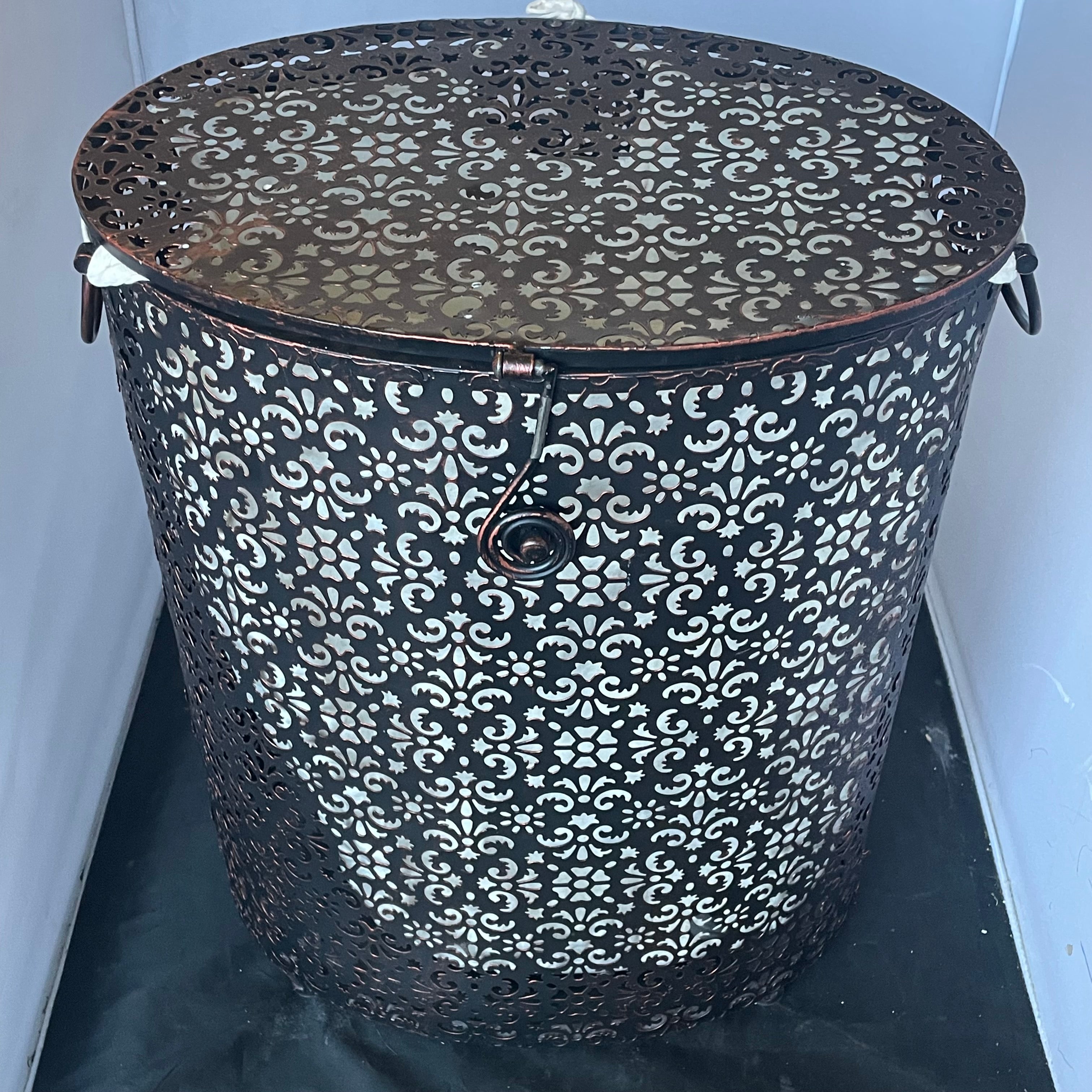 Mathiew Mategot Style Perforated Metal Ornate Design Lidded Hamper/End Table, 16"x 11"x 20.5"