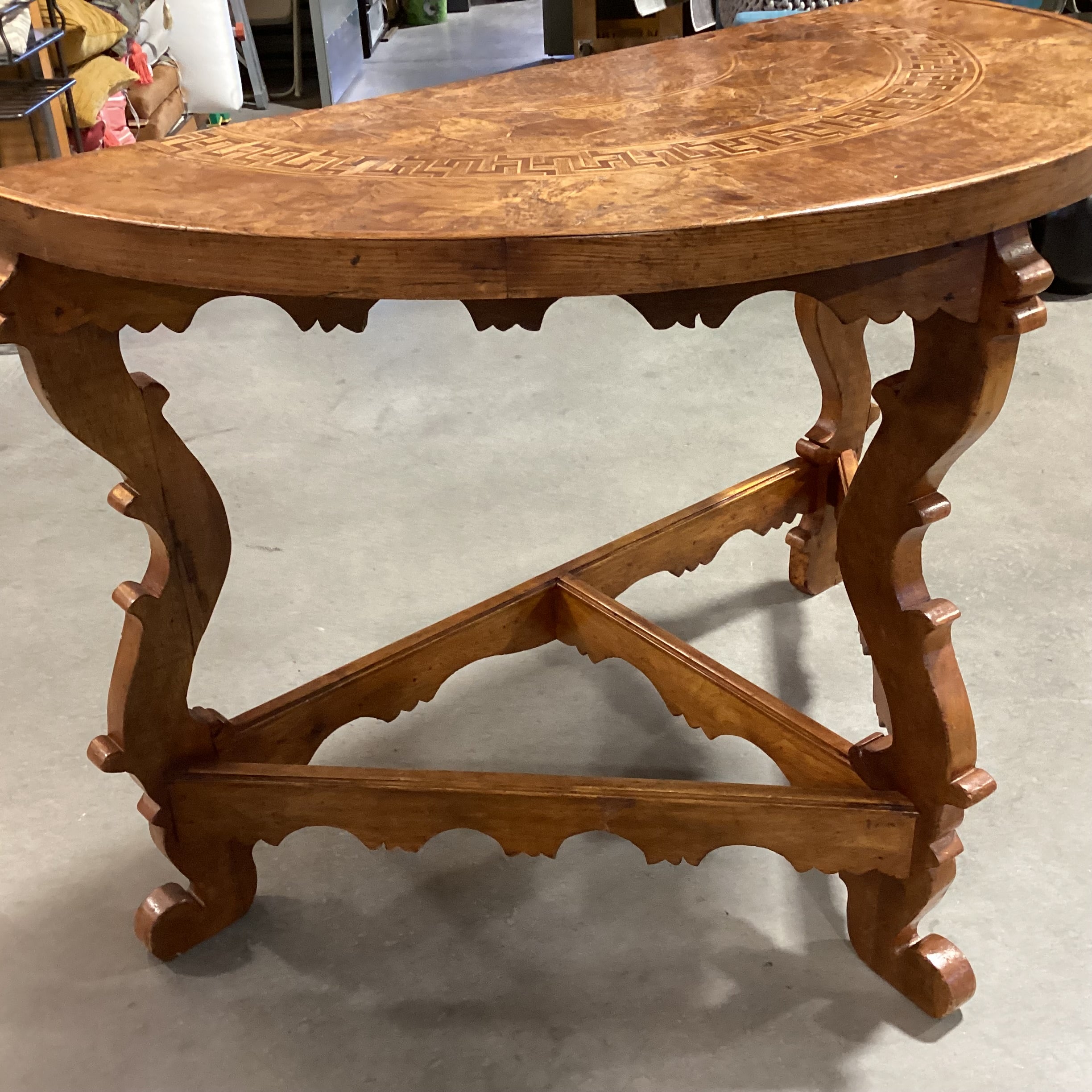 Antique Ornate Carved Wood & Inlay Demi Lune Accent Table 49"x 25"x 35"