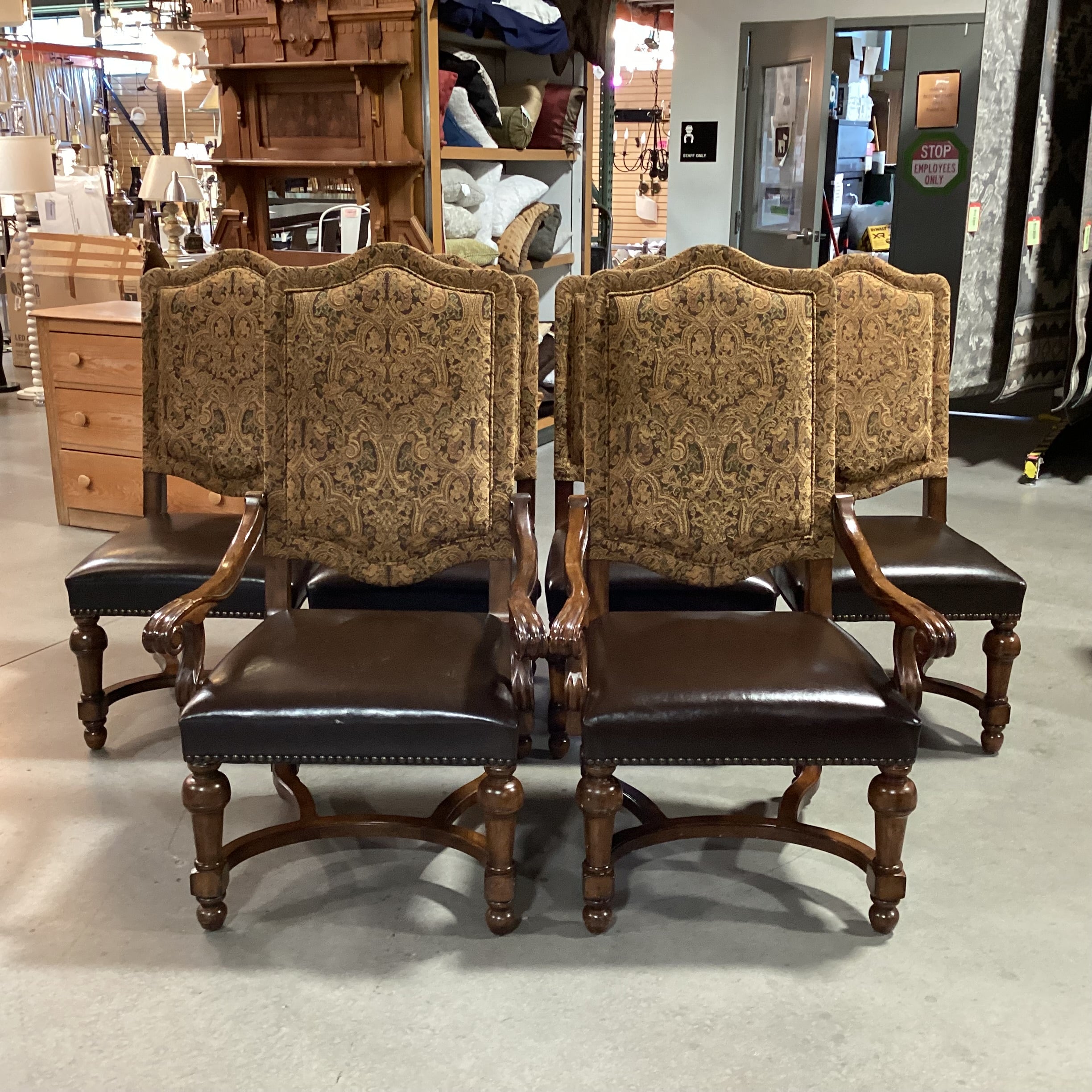 SET of 6 Bernhardt Carved Wood Brown Gold Paisley & Leather Nailhead Dining Chairs 29"x 25"x 49"