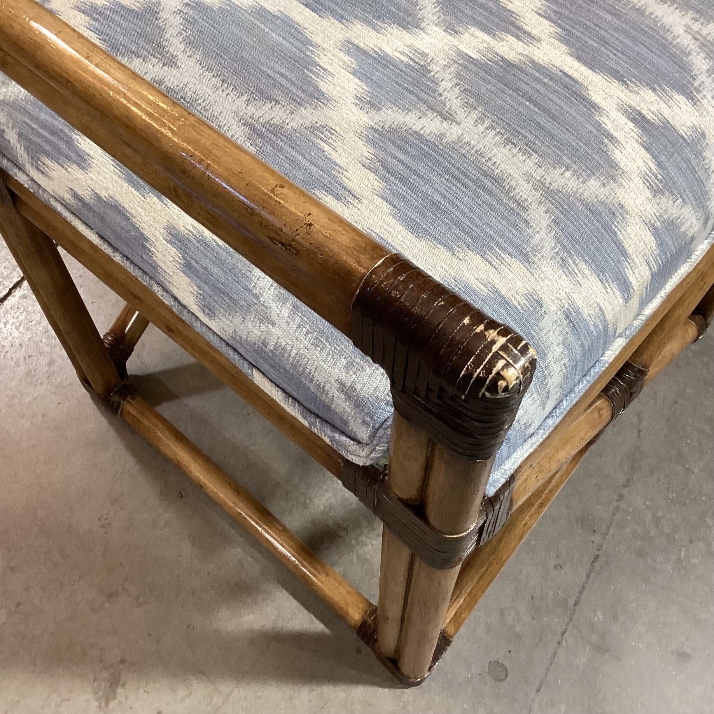 Vintage Bamboo Leather Strap Wrapped & Blue White Design Accent Chair 24"x 24"x 35"