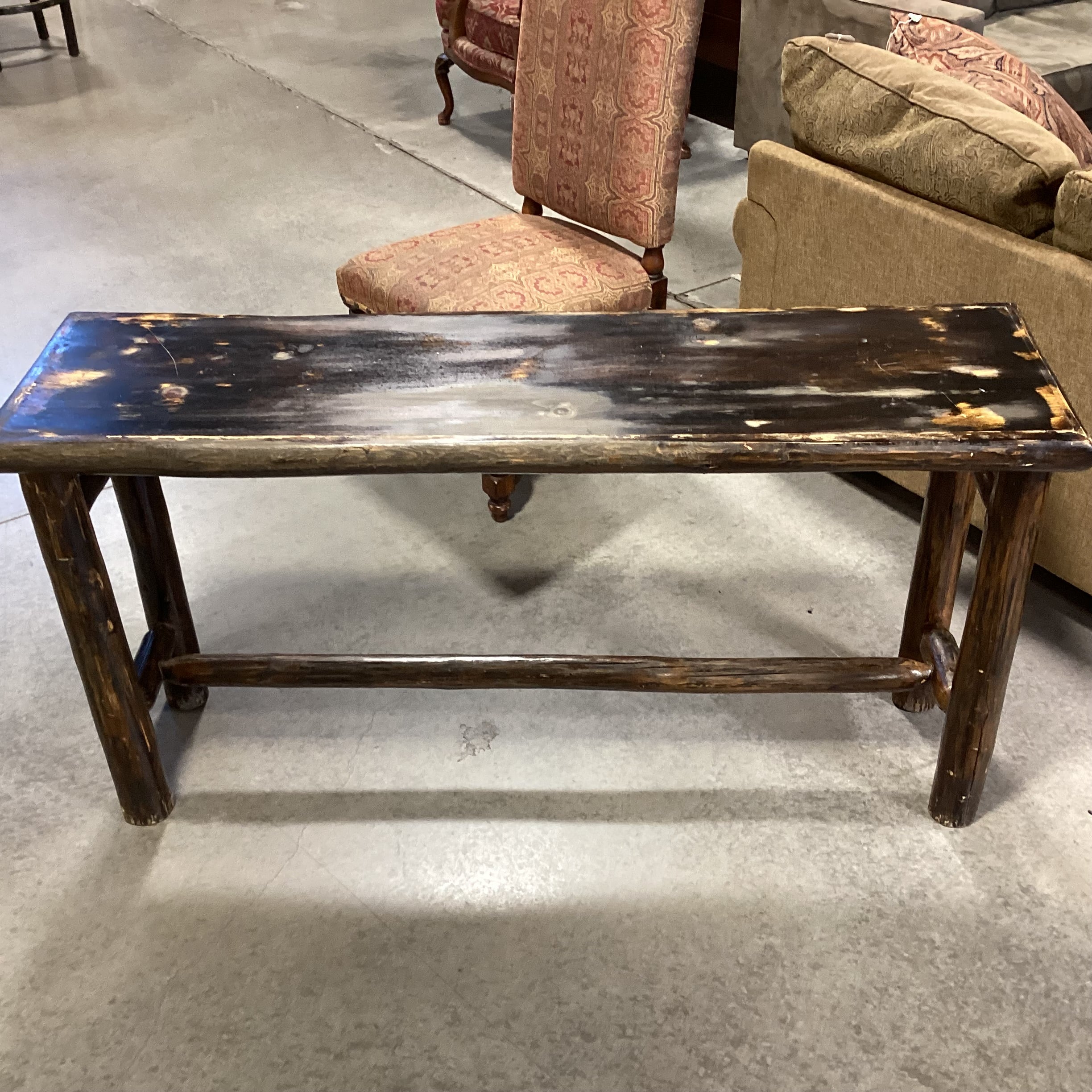 Black Distressed Rustic Finish Wood & Log Sofa Table 60"x 17"x 31"