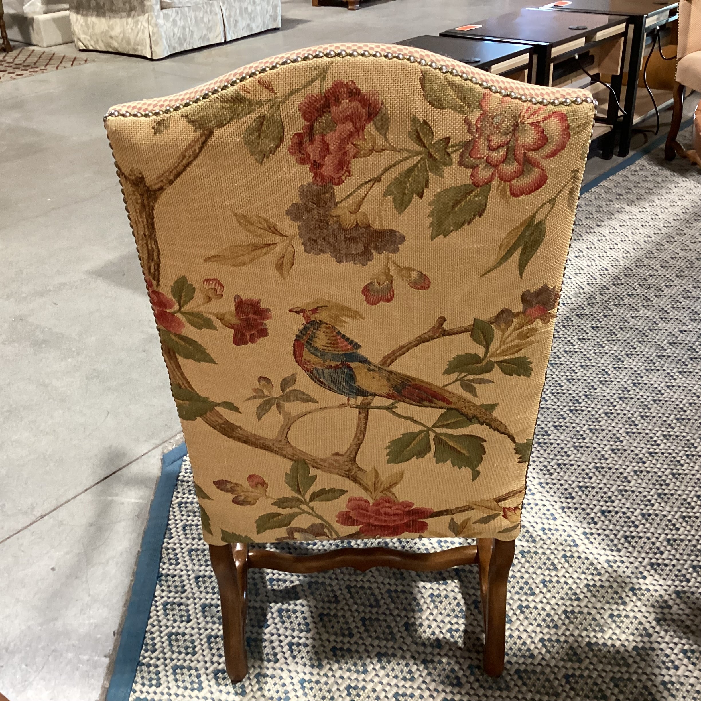 Oval Finished Carved Wood 3 Pedestal Table with 8 Checker Bird Floral Trouvalles Chairs Dining Set 118.5"x 59.5"x 31"