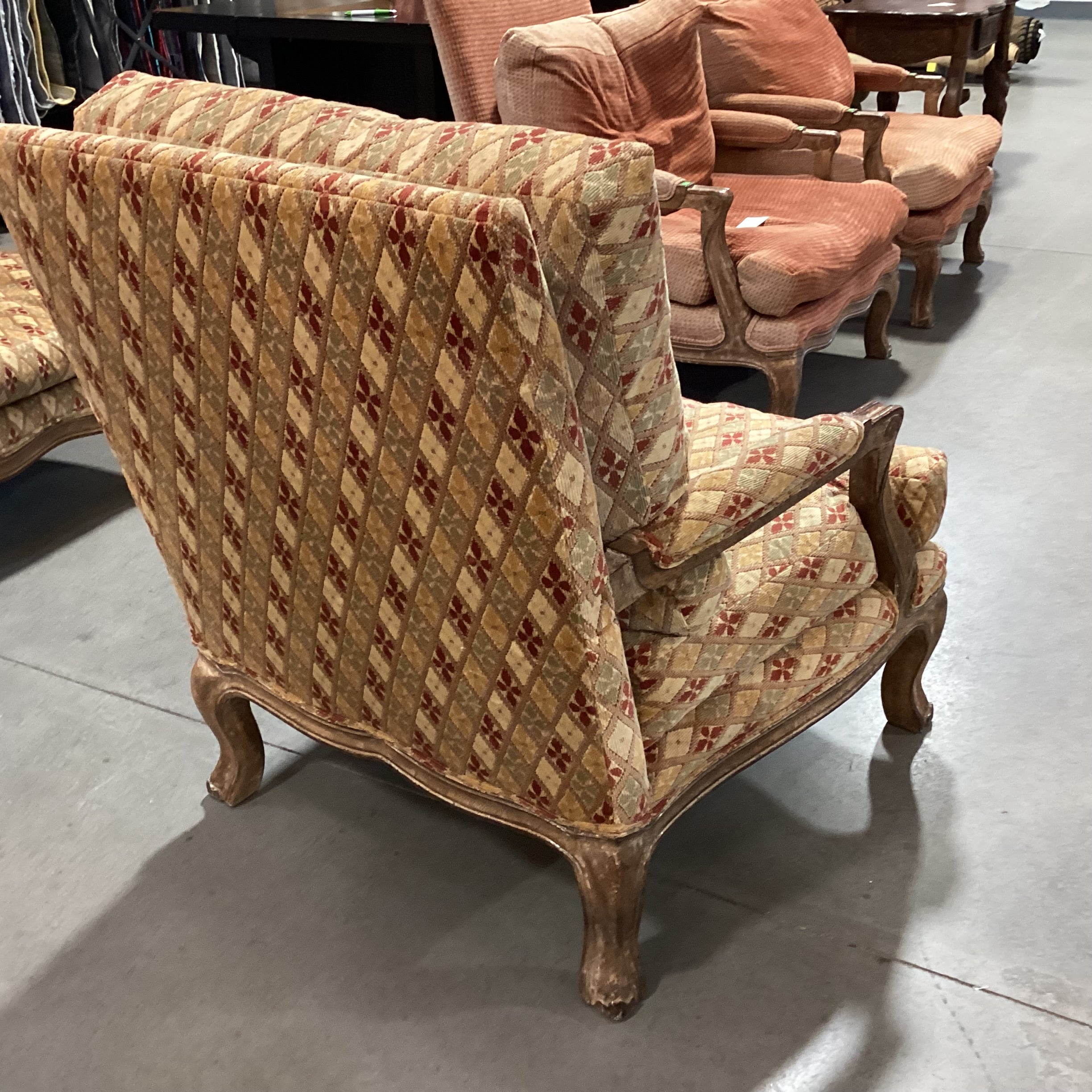 Kreiss Collection Gold Rust Sage Raised Chenille Diamond Pattern & Antiqued Finish Carved Wood Chair 34"x 36"x 40"
