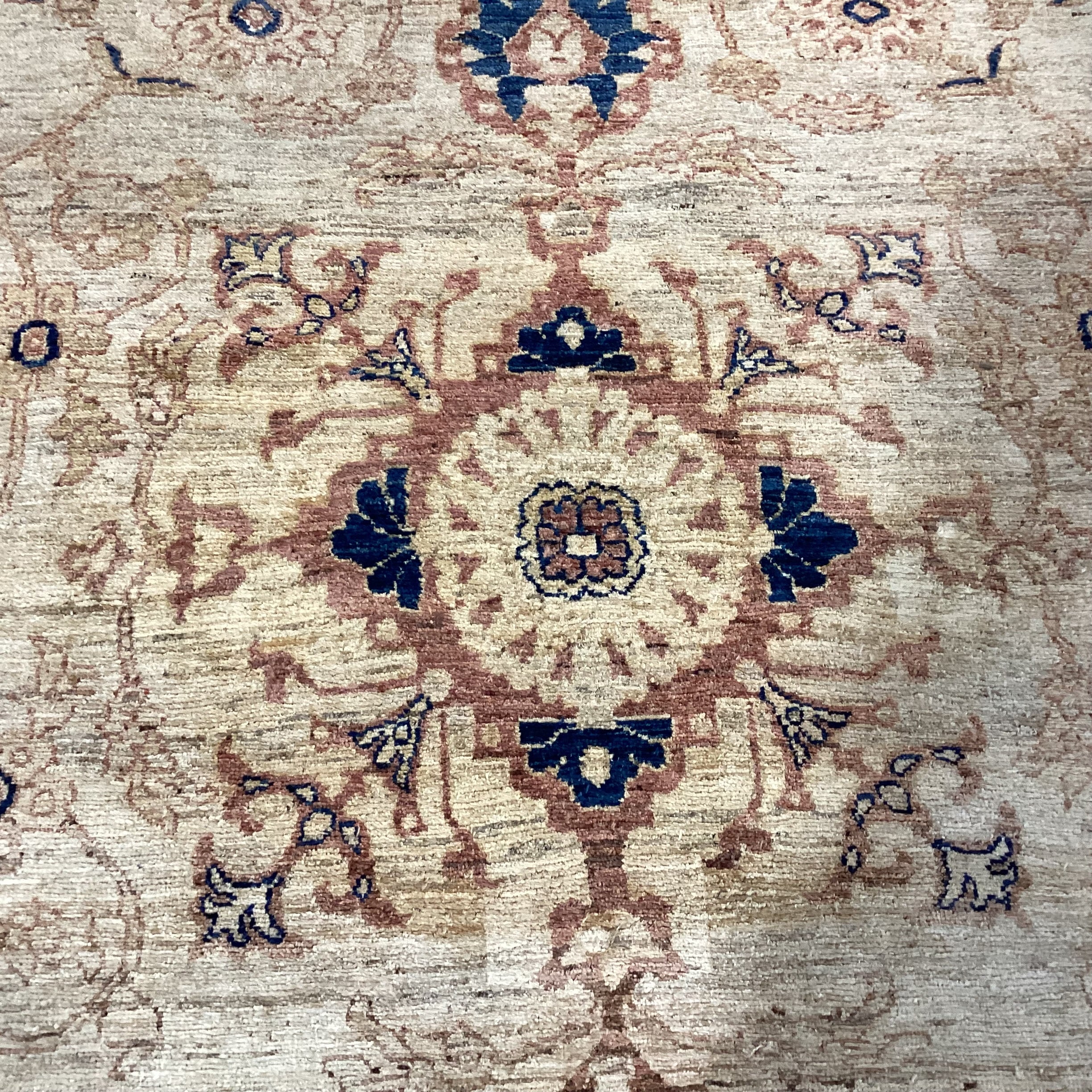 Cream Tan Blue Hand Woven Wool Rug 10' x 12" 9"