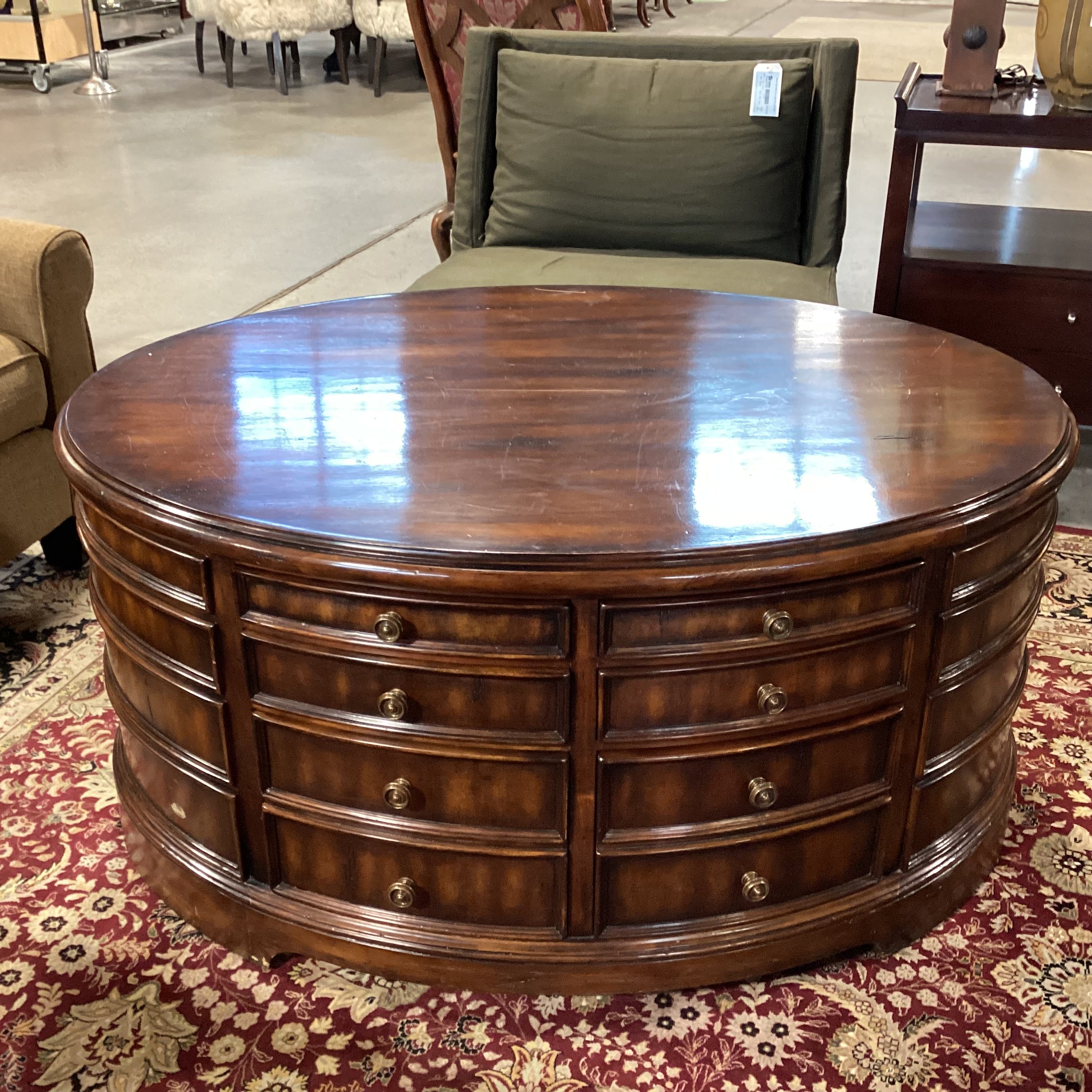 Theodore Alexander Style Oval Dark Finish 10 Drawer Coffee Table 48"x 36"x 23"