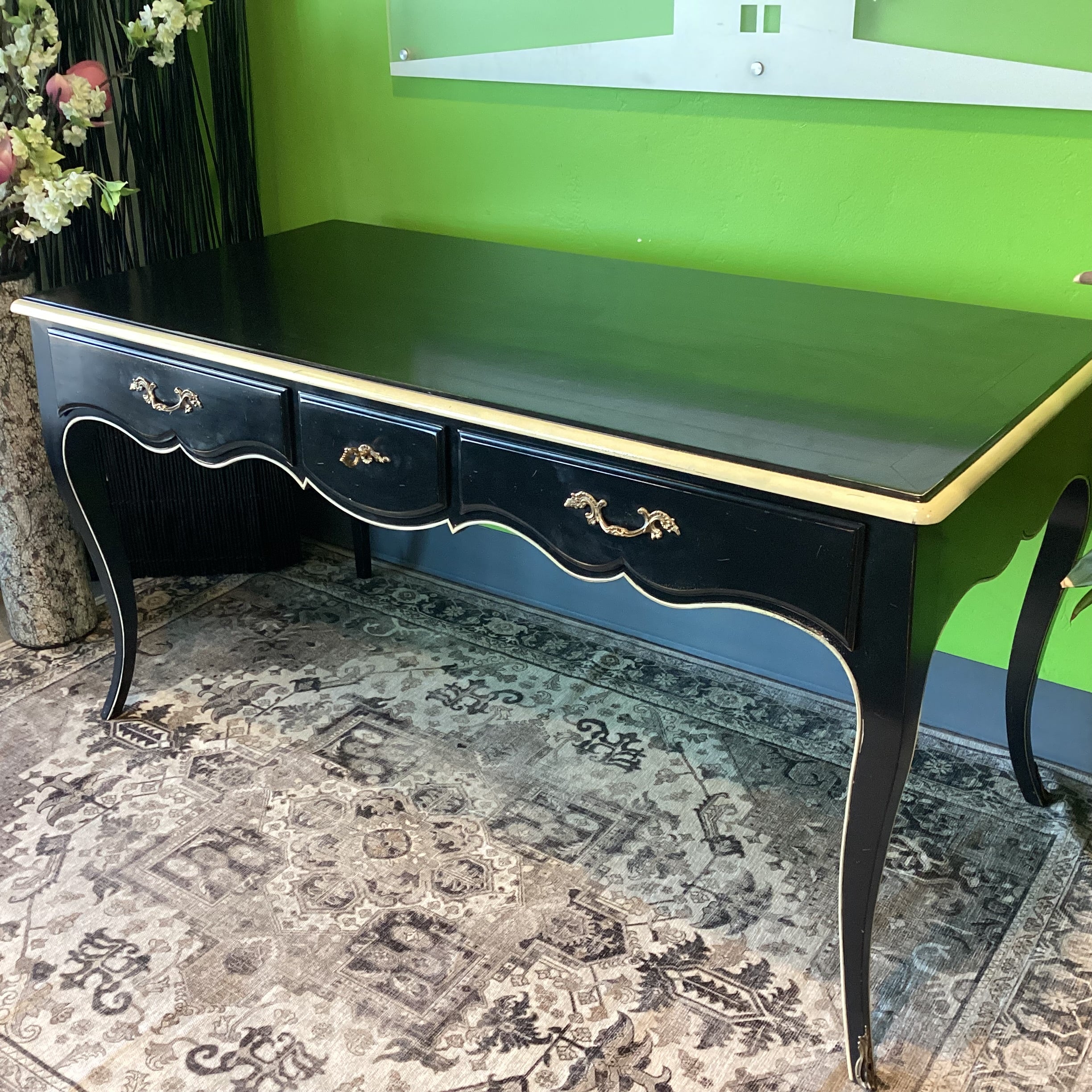 Vintage French Louis XV Style Black with Cream Detail & Brass Accent 3 Drawer Back Faux Front Desk 62"x 30"x 32"