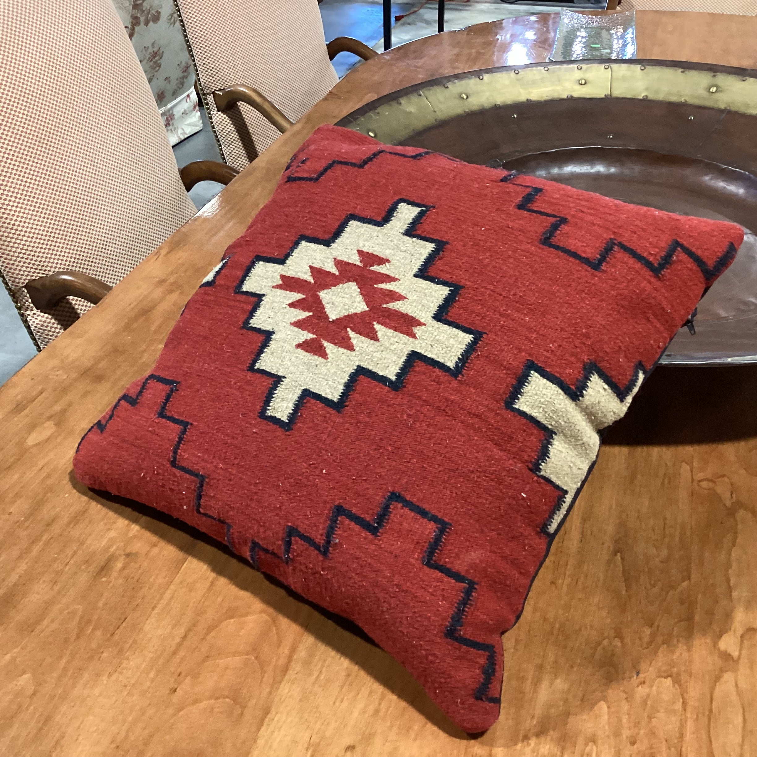 Native American Red Black Tan Hand Woven Wool Accent Pillow 20"x 20"