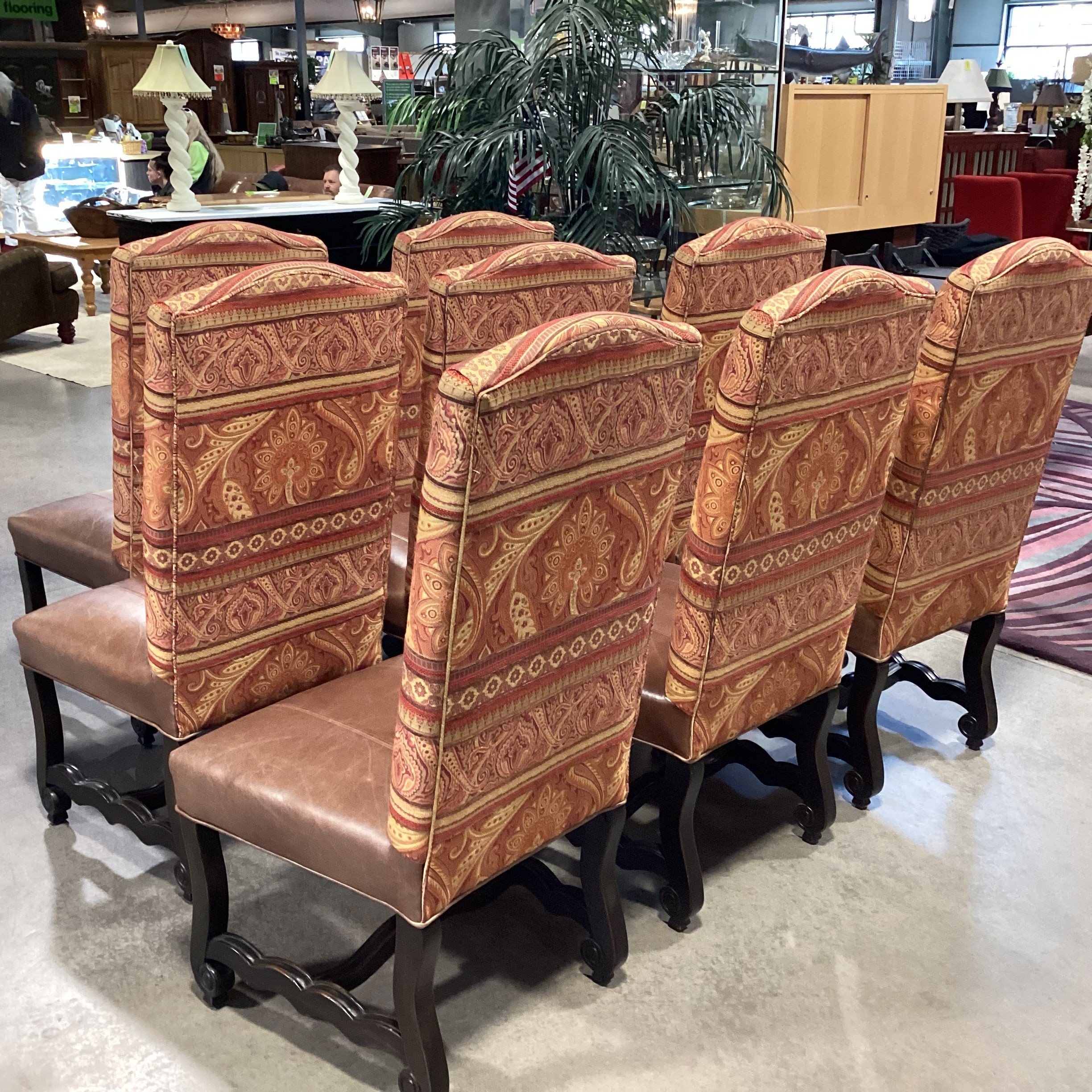 SET of 8 Carved Antiqued Black Wood Leather & Orange Gold Upholstered Dining Chairs 23"x 22"x 46"