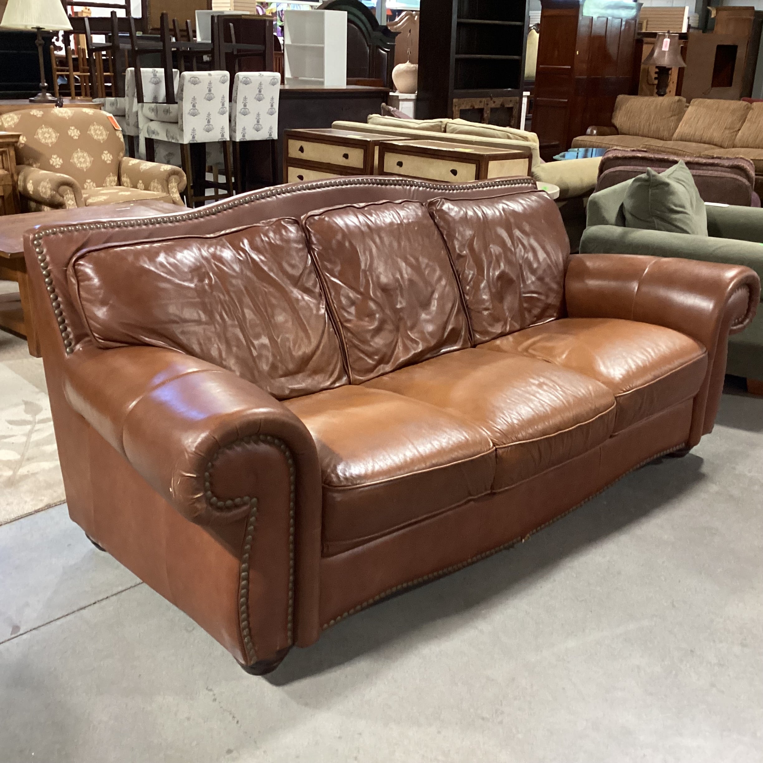 Brown Leather Nailhead Sofa 92"x 39"x 37"