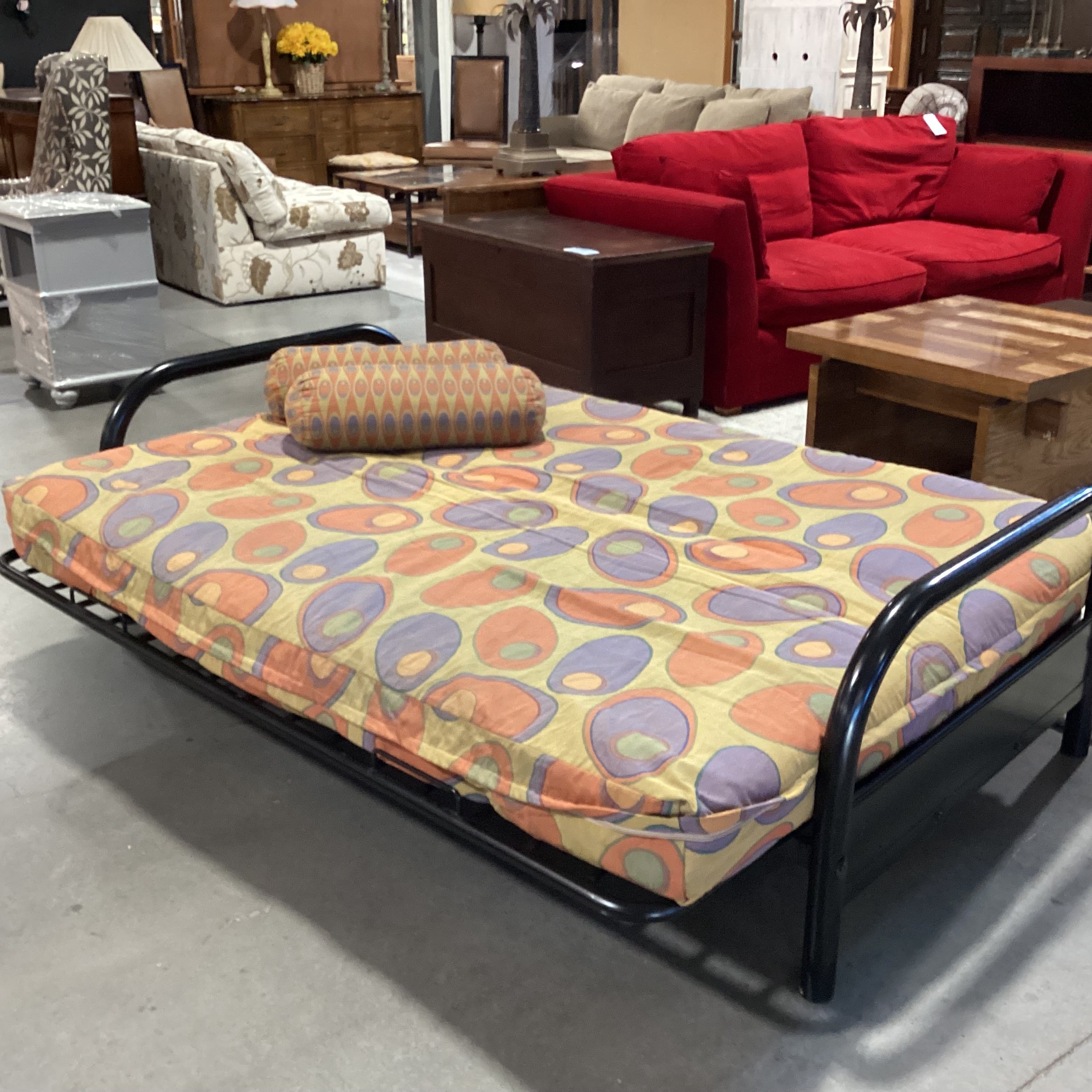 Gold Orange & Purple Circle Design Cushion & Black Metal Futon Sofa 79"x 44" to 56"x 38"