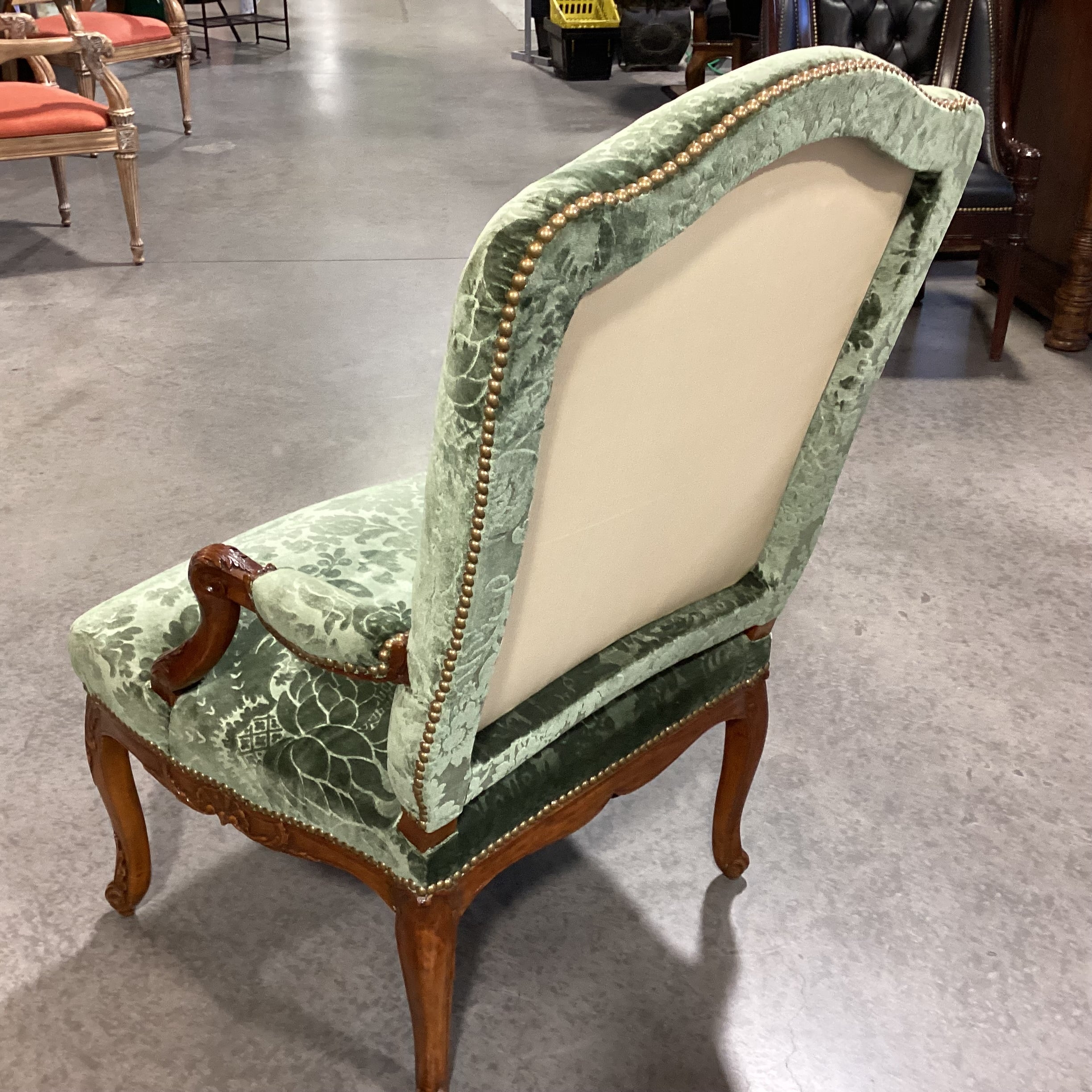 Vintage Carved Wood with Green Raised Floral Velvet & Nailhead Chair 28"x 28"x 42"