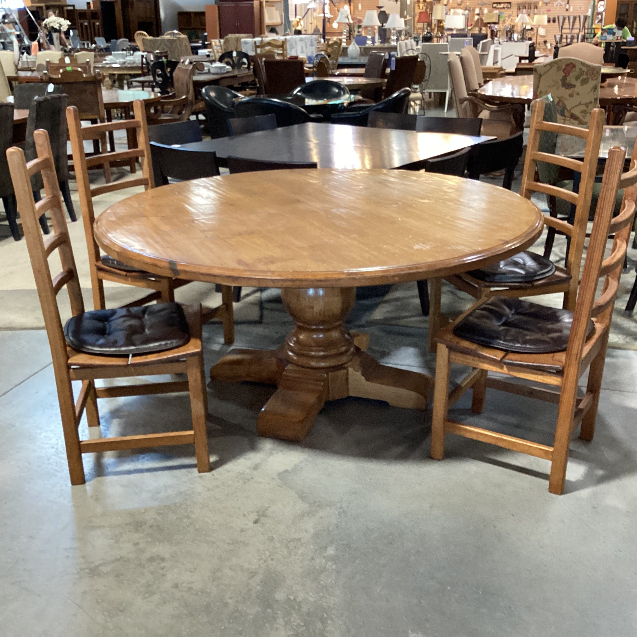 Round Distressed Finish Wood with Pedestal Table & 4 Chairs with Leather Cushions Dining Set 66" Diameter x 30.5"