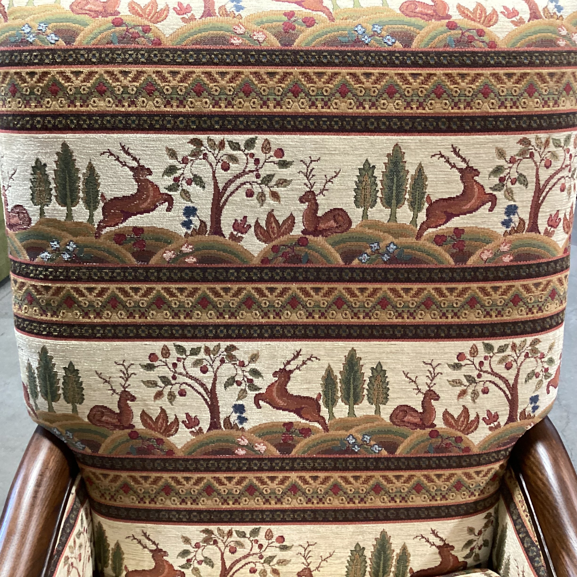 Dindy Foster Interiors Custom Deer Floral Nailhead & Carved Wood Highback Chair 31"x 31"x 47"