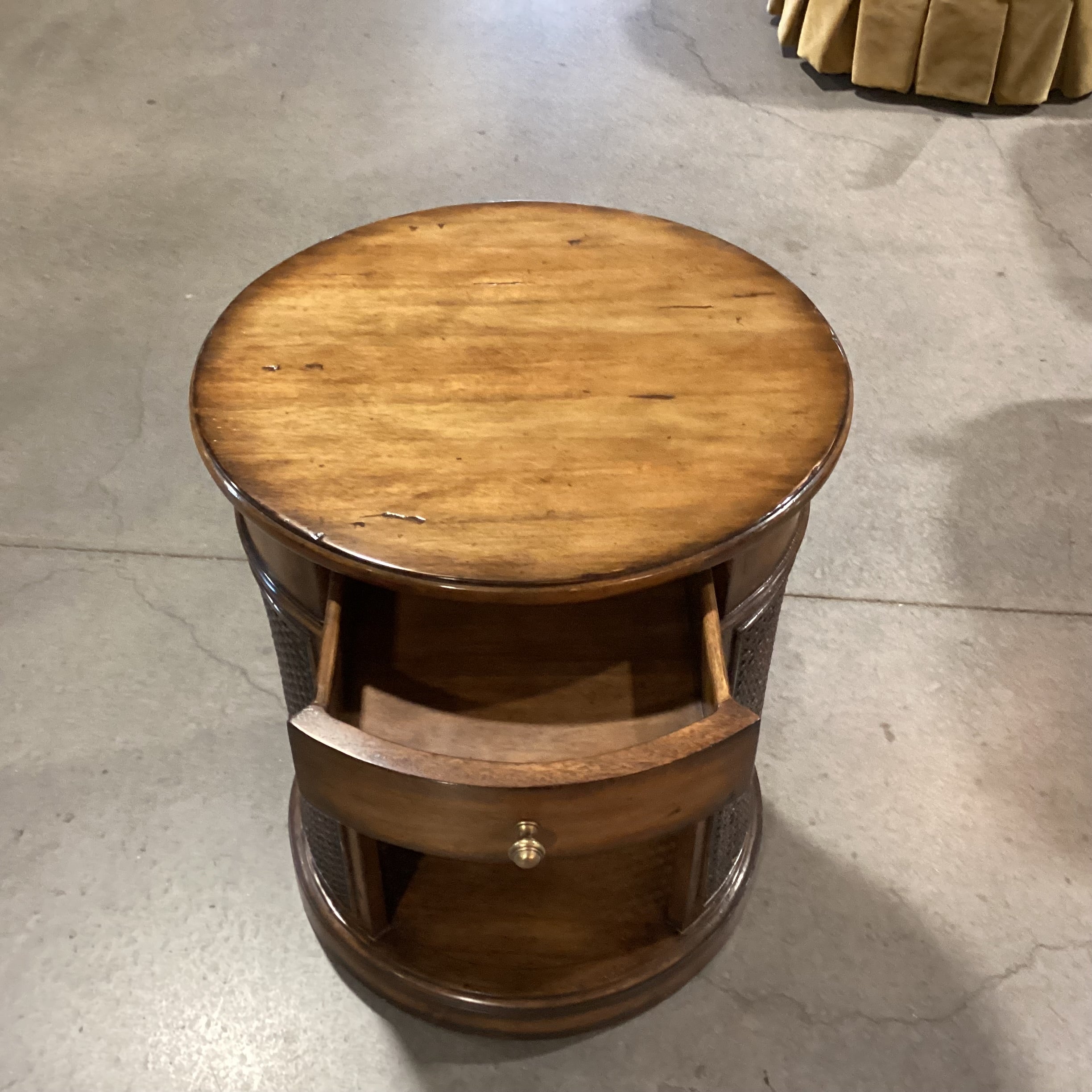 Round Finished Wood & Caning 1 Drawer with Shelves End Table 20" Diameter x 24"