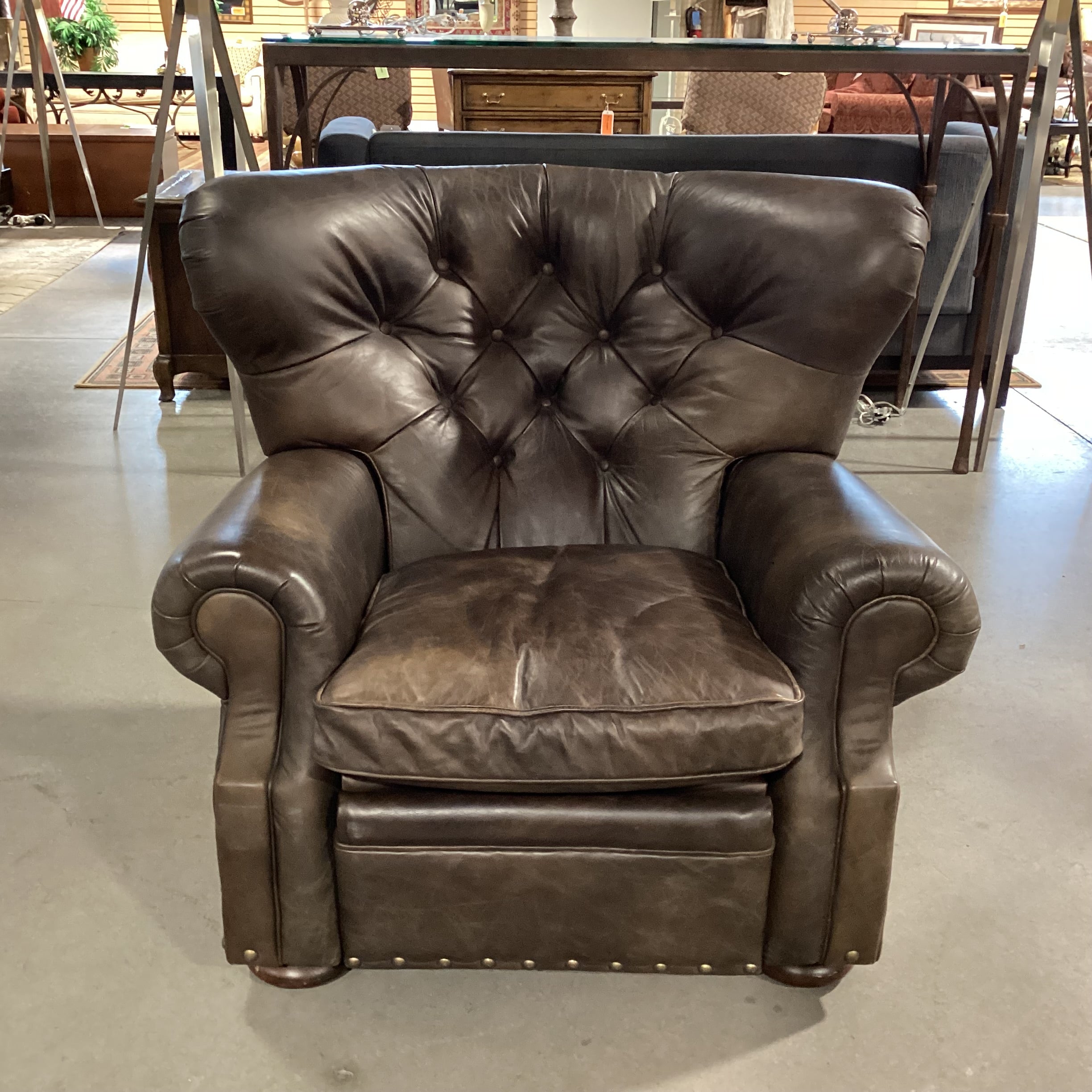 Restoration Hardware Taupe Brown Leather Tufted Nailhead Recliner Chair 42"x 36"x 36"