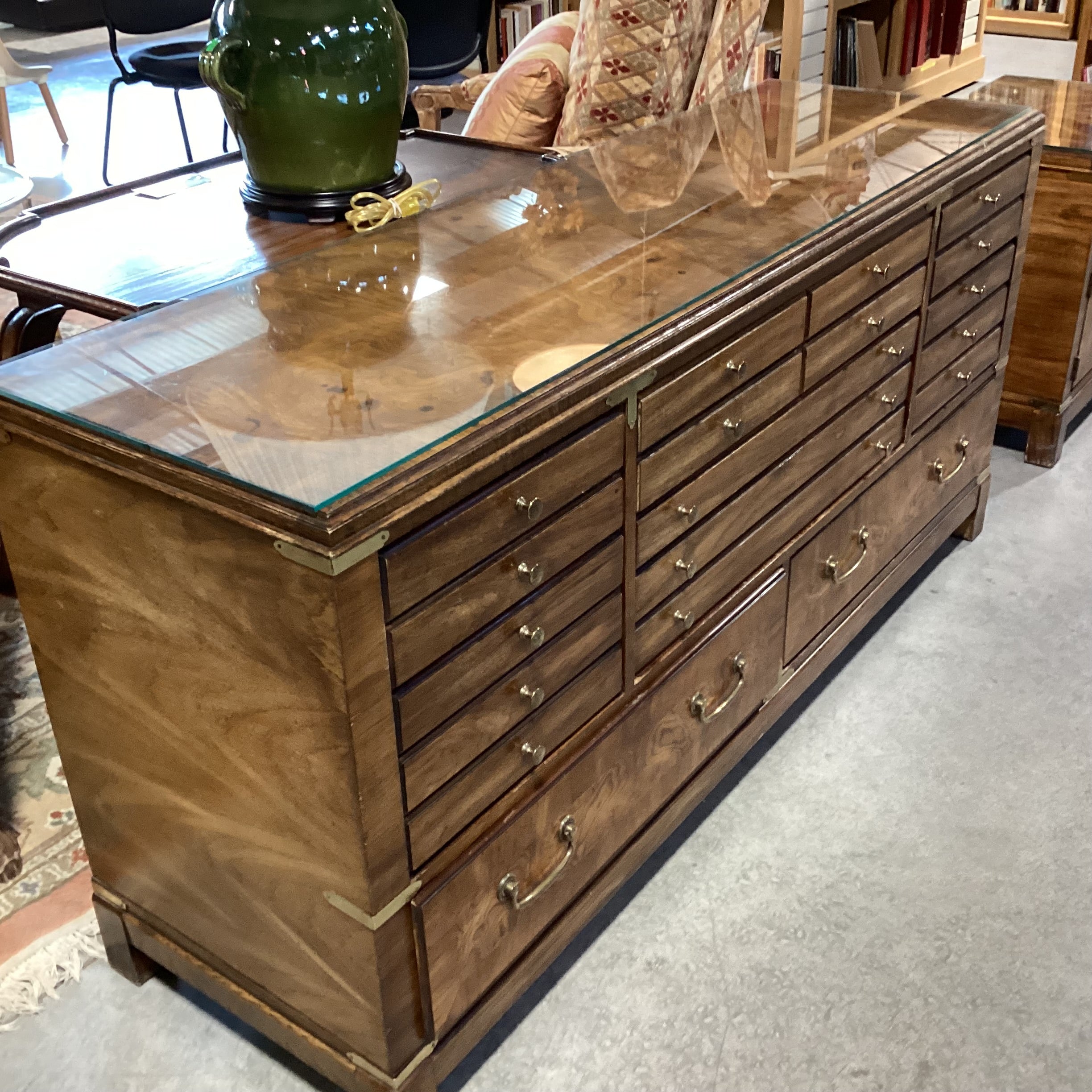 Vintage Lane Campaign Style Wood & Burl Veneer 8 Drawer with Brass Accent & Glass Top Dresser 64"x 19"x 30"