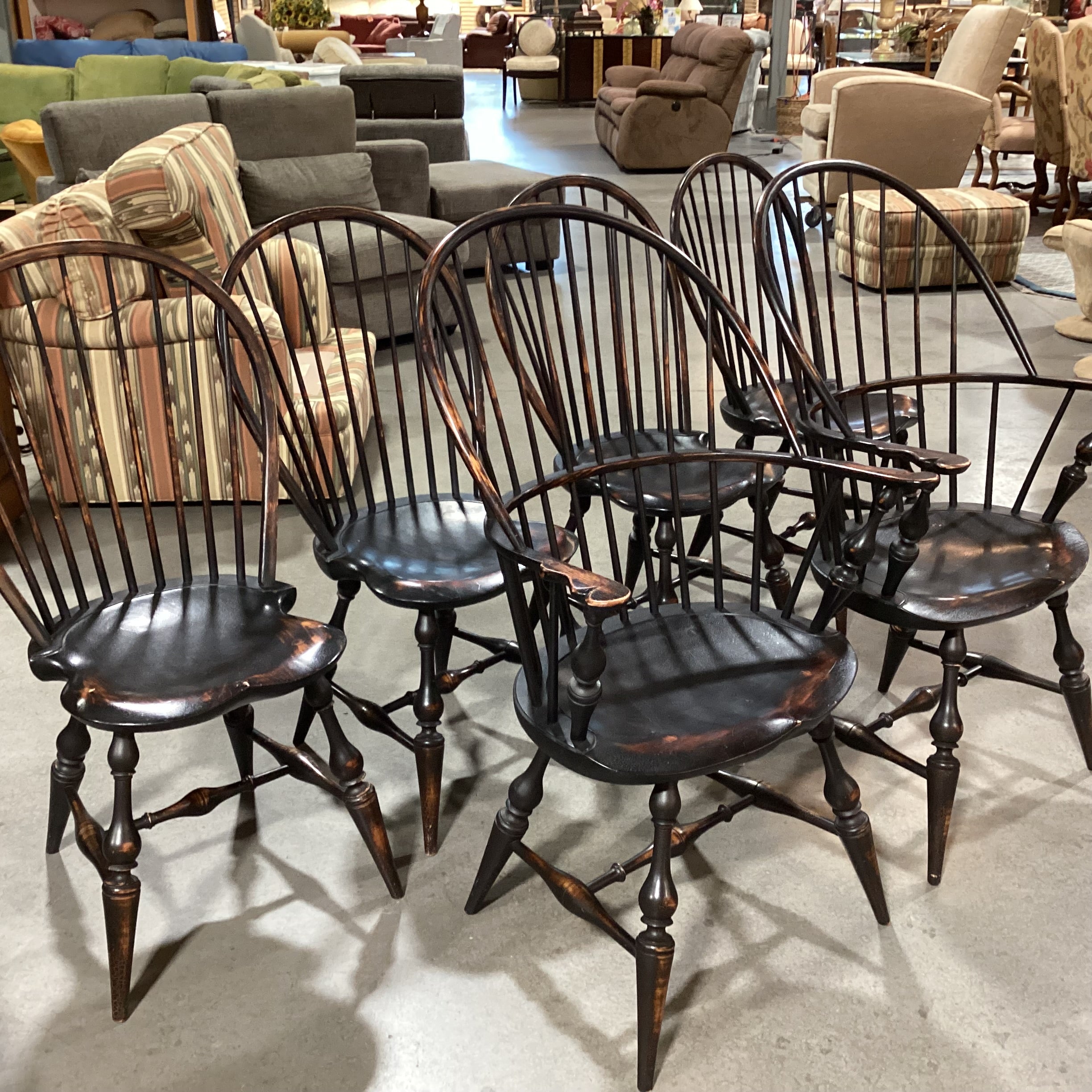 SET of 6 D. R. Dimes Vintage Black Antiqued Crackle Finish Windsor Style Dining Chairs 26"x 22"x 42"