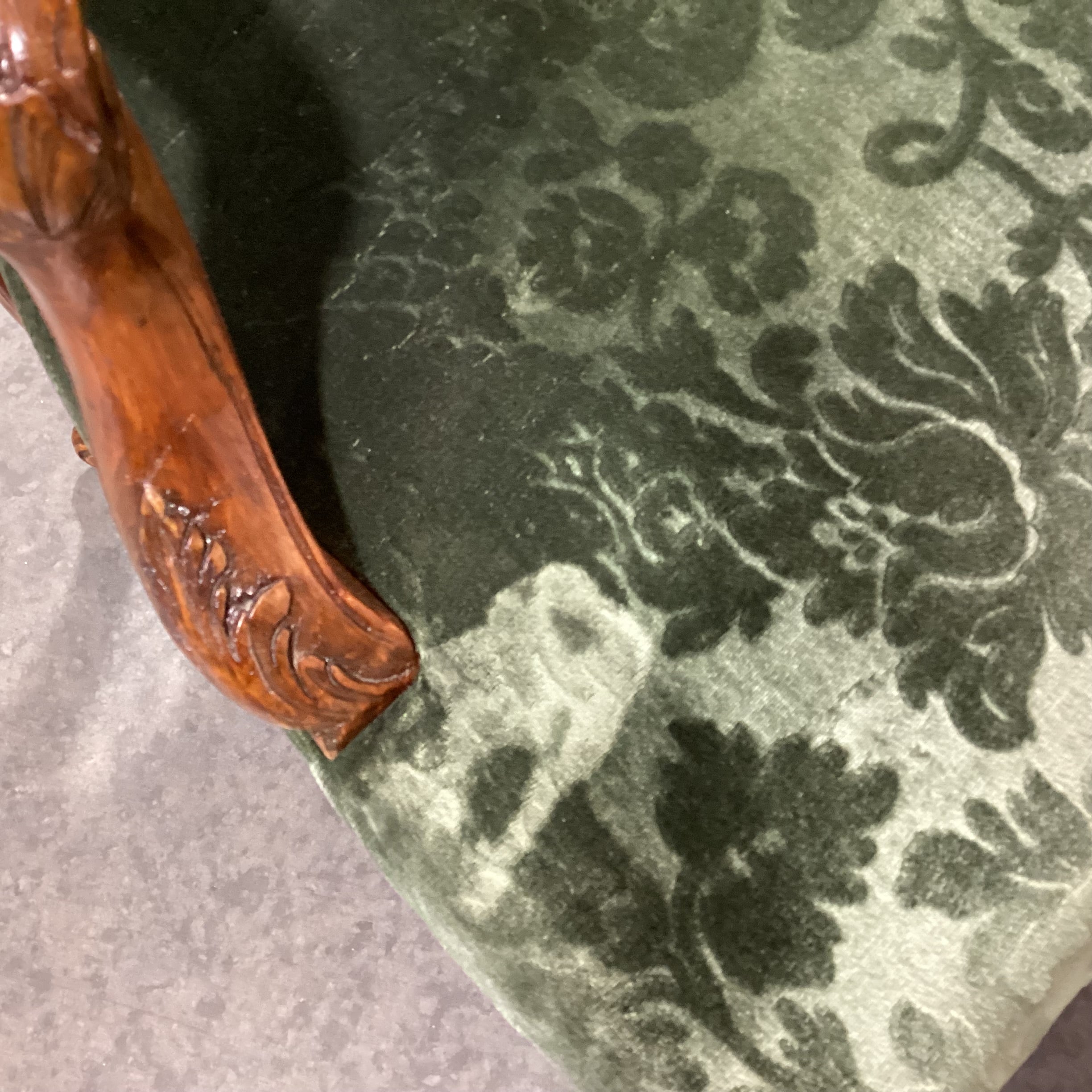 Vintage Carved Wood with Green Raised Floral Velvet & Nailhead Chair 28"x 28"x 42"