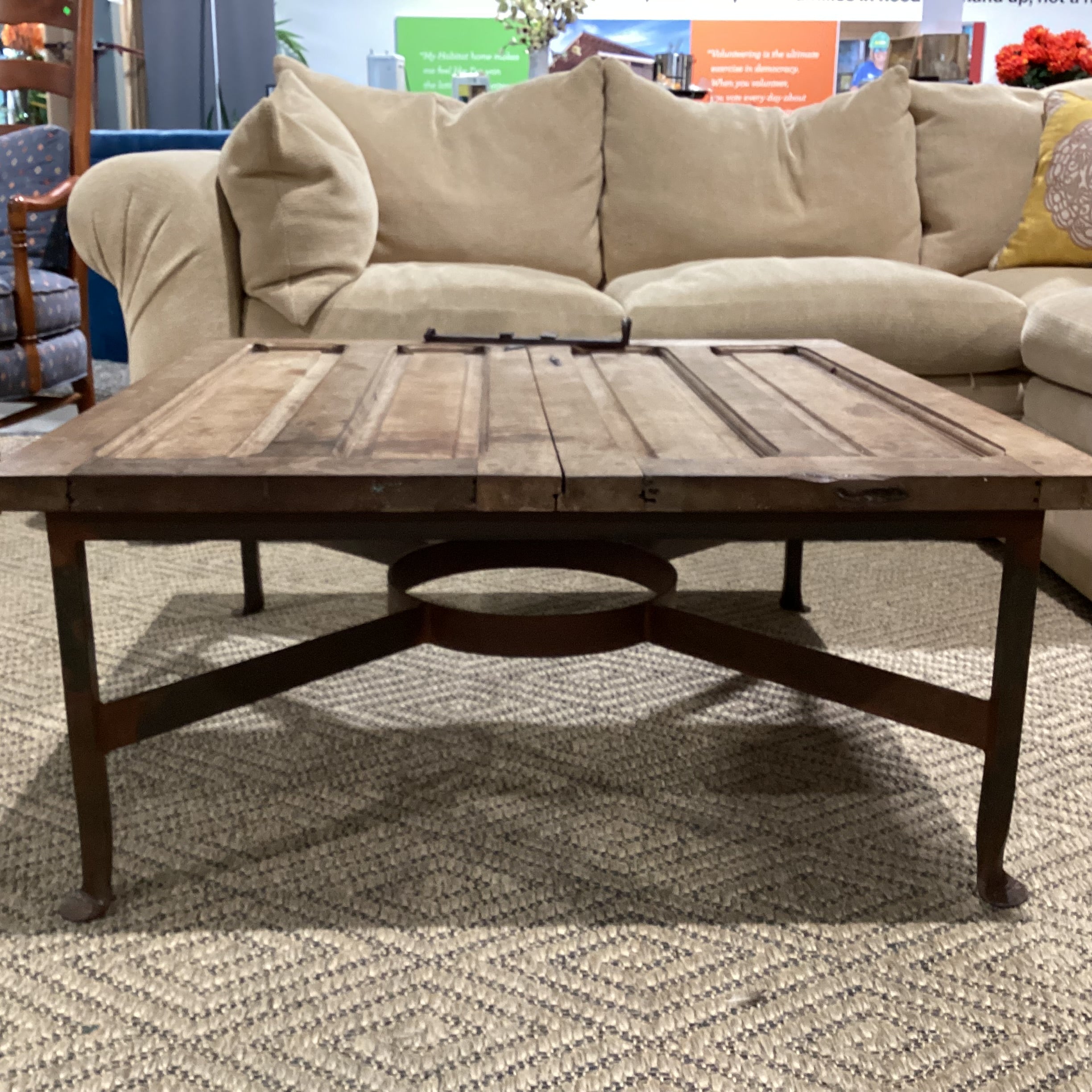 Iron & Reclaimed Wood Door with Iron Latch Coffee Table 40"x 40"x 18"