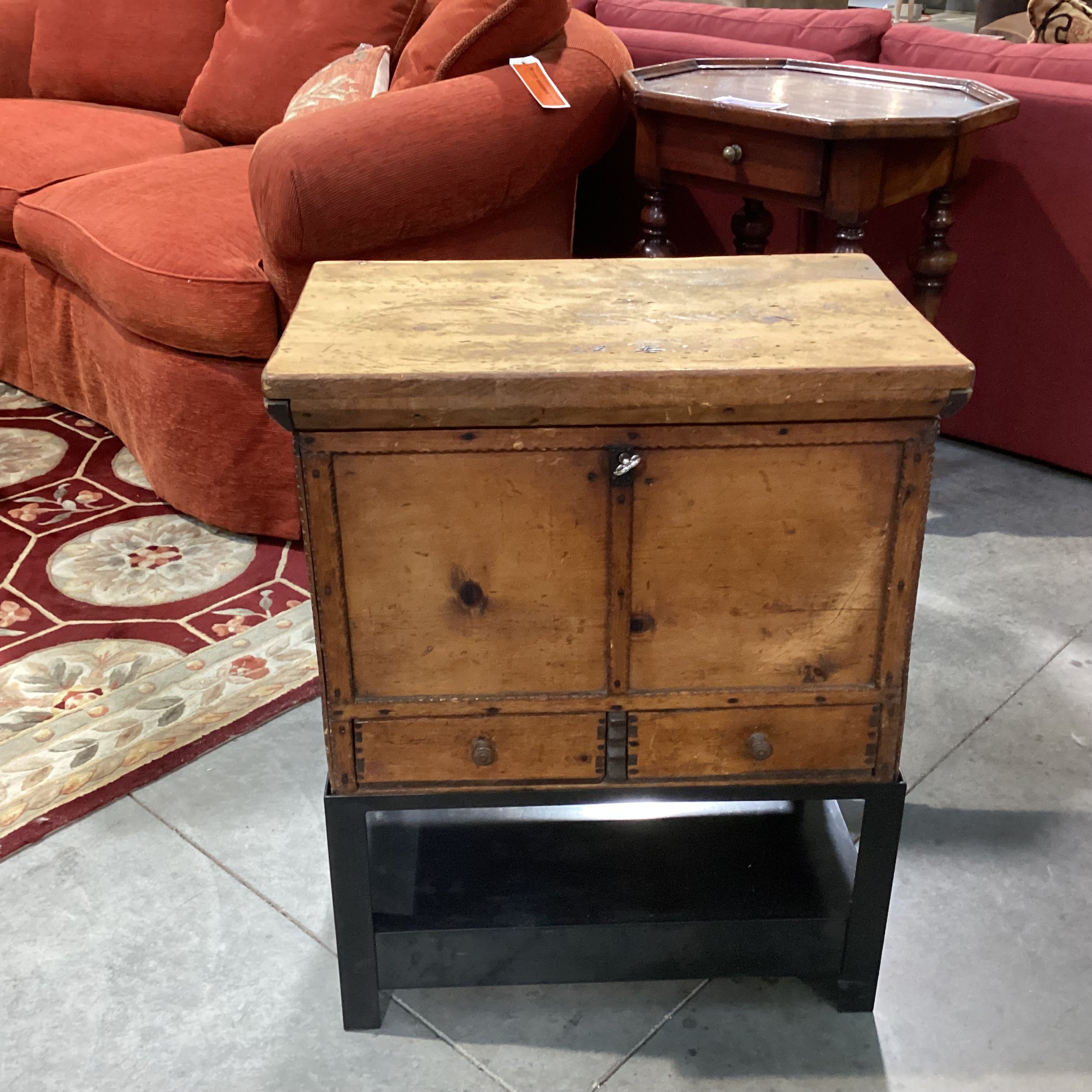 Antique Carved Wood with Metal Stand 2 Drawer & Storage Chest Trunk 22.5"x 14.5"x 28.5"