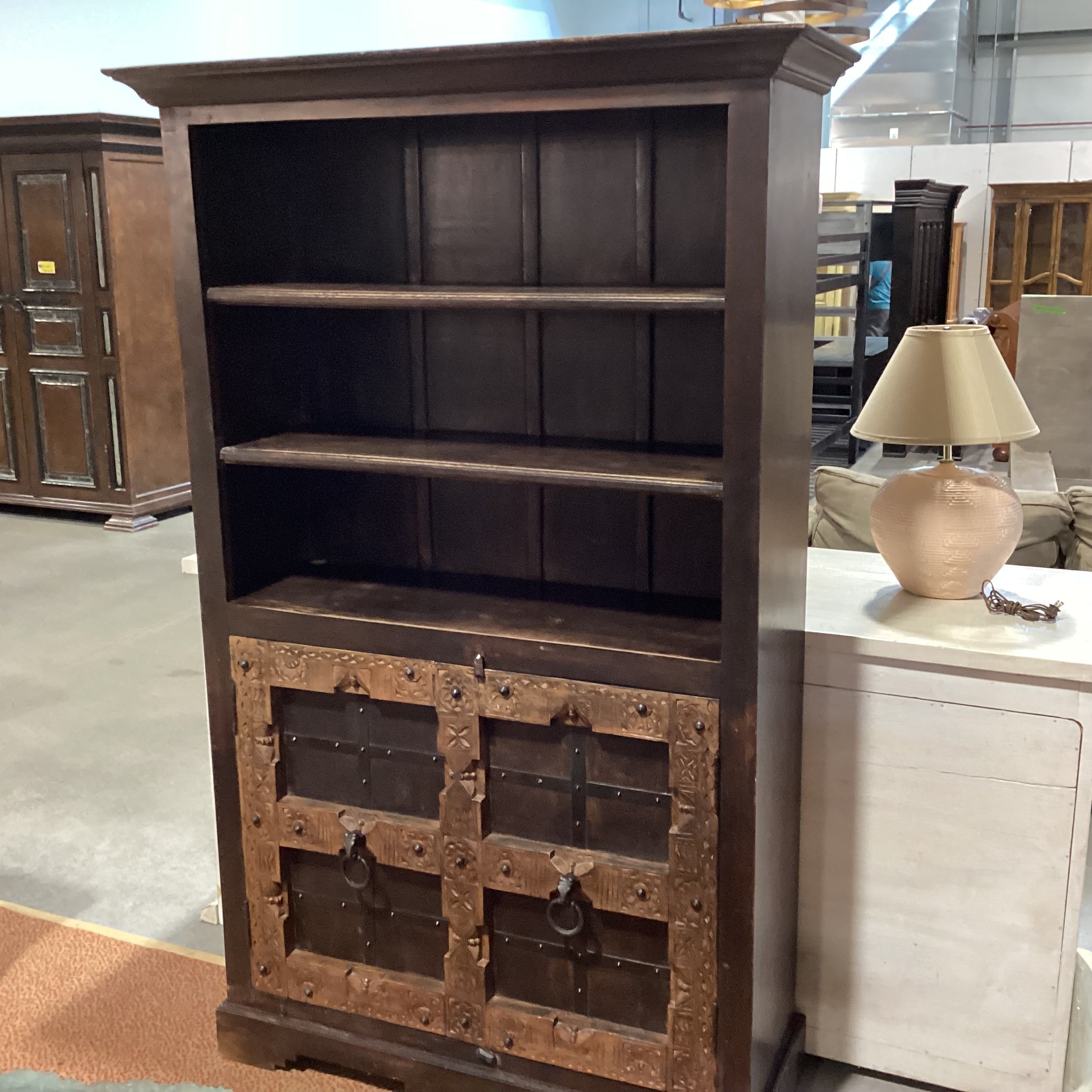 Solid Rustic 2 Tone Carved Wood with Iron Accent & Shelves Hutch 49"x 18"x 78.5"