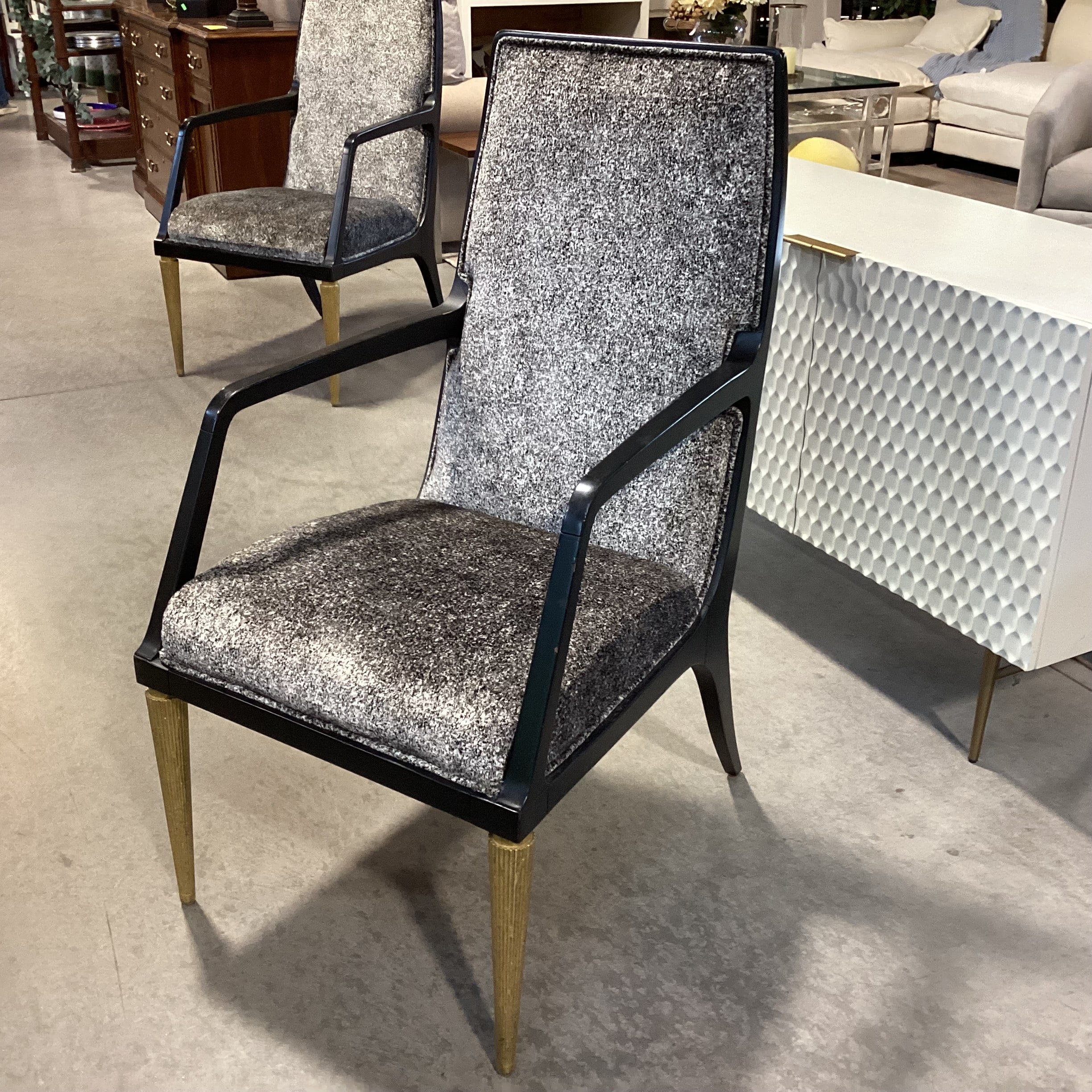 Jean Louis Denoit for Baker Jasper Black Lacquer & Gold Wood with Black & White Raised Chenille Accent Chair 23"x 28"x 42"