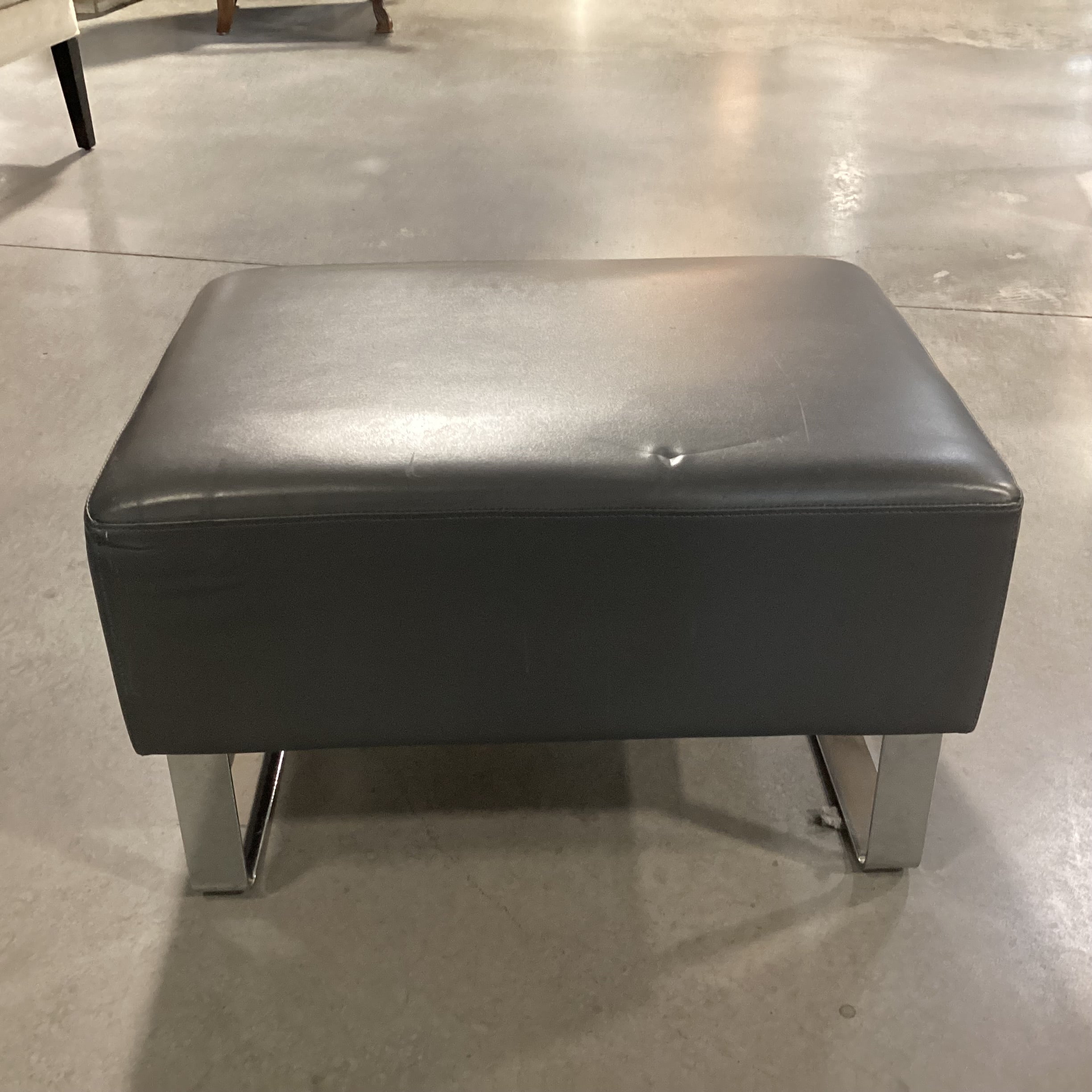 Grey Leather & Chrome Ottoman 28"x 20"x 18.5"