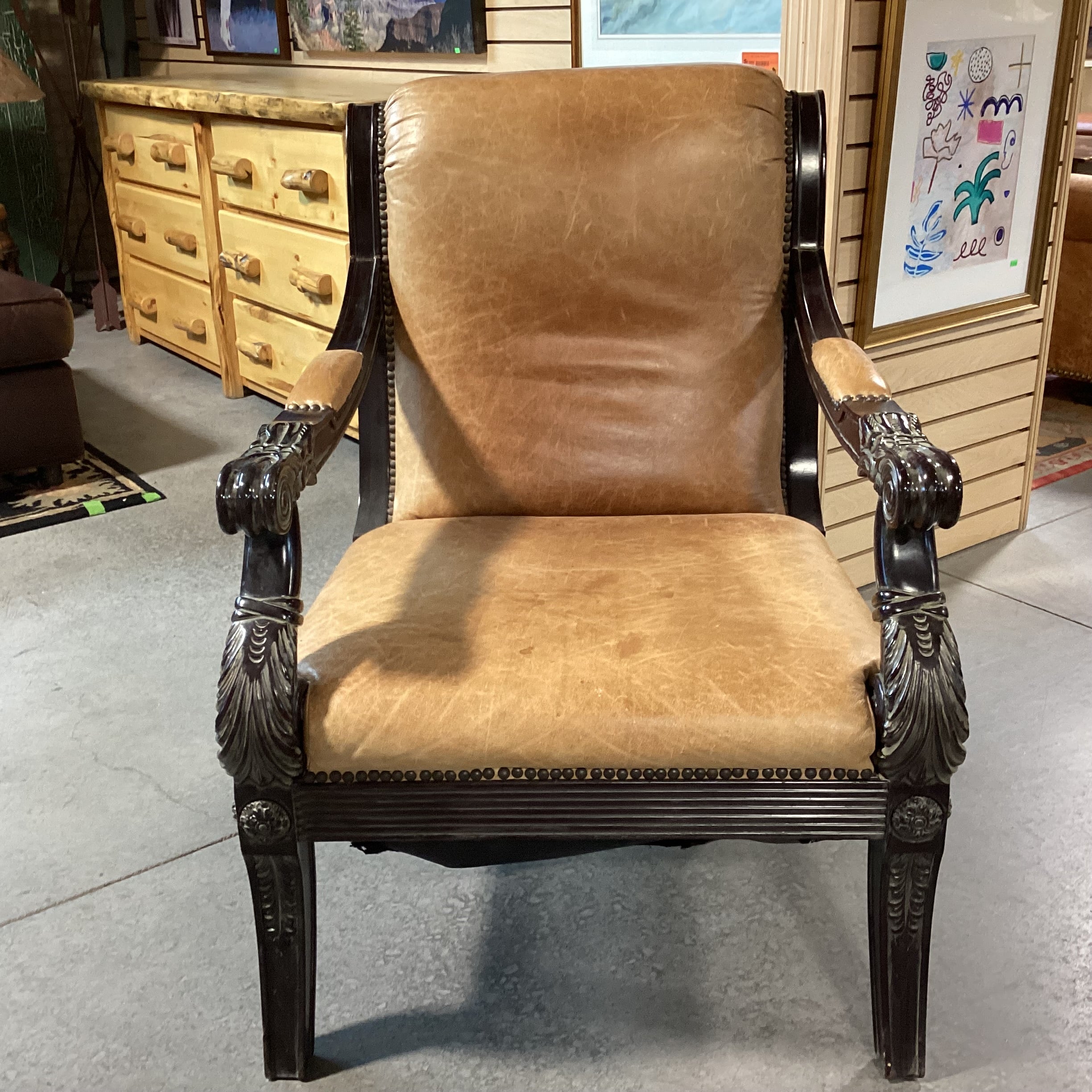 Ornate Dark Finish Carved Wood & Leather Chair 29"x 34"x 39"