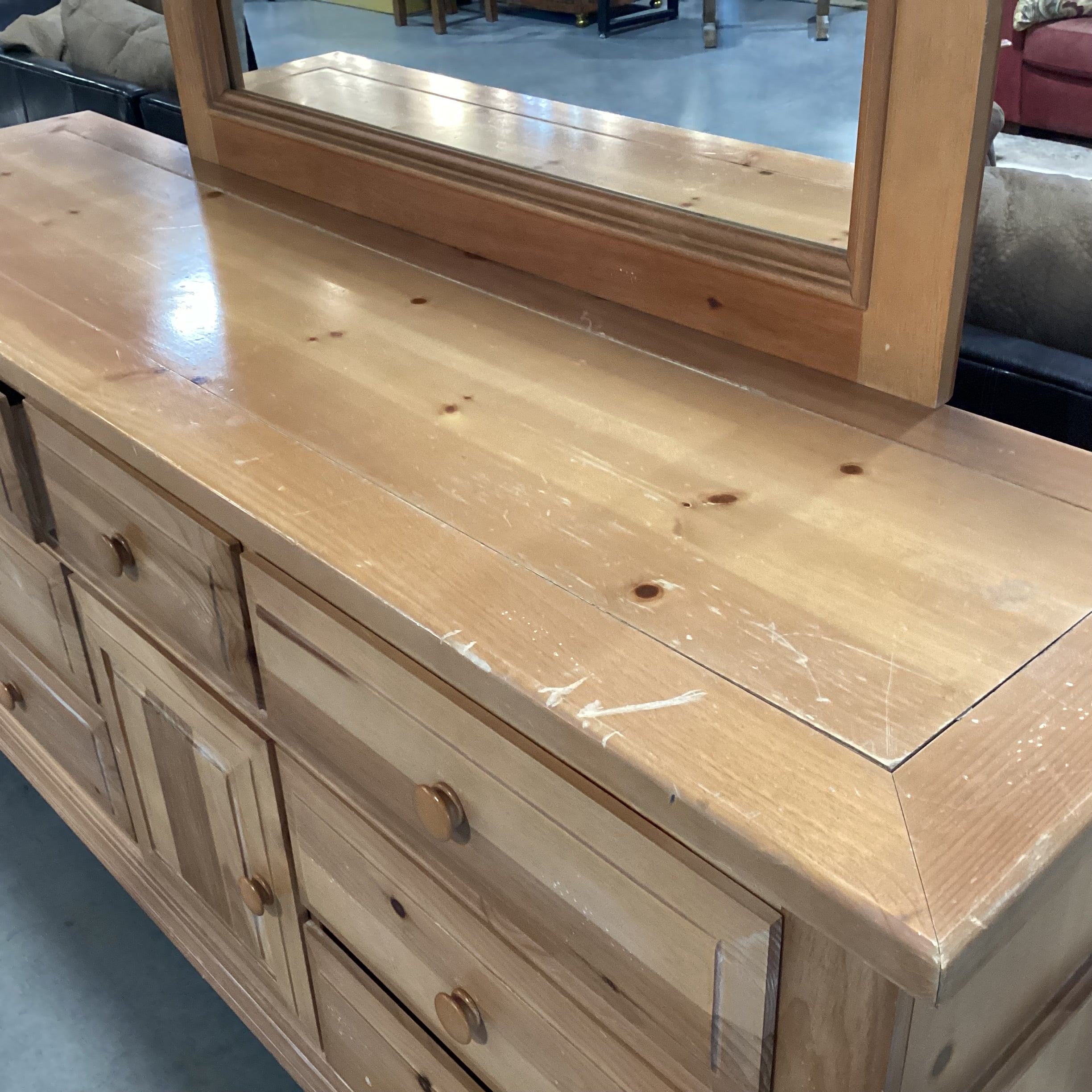 Bassett Distressed Light Pine 9 Drawer with Mirror Dresser 70"x 19"x 80"