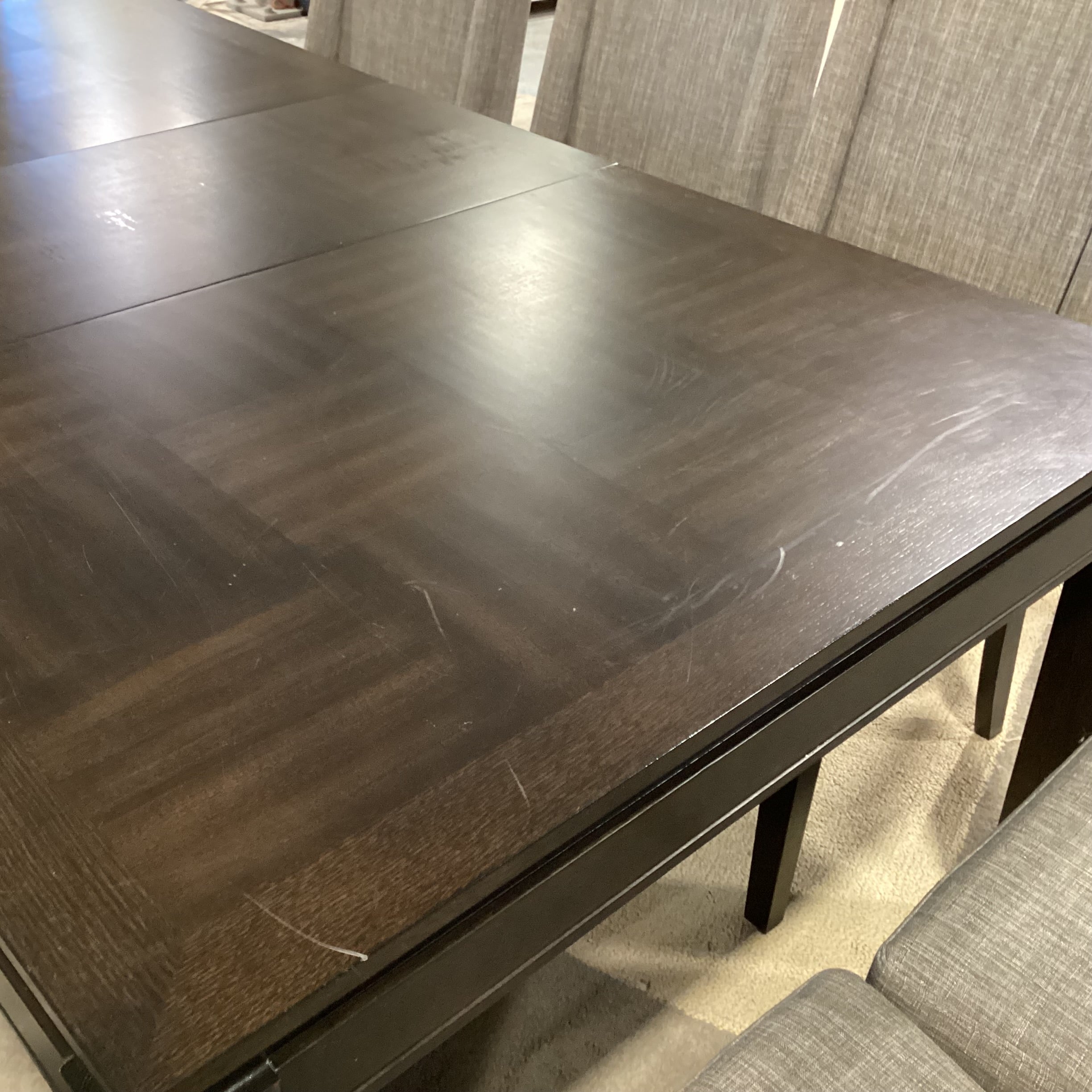 Dark Finish Wood & Veneer 1 Leaf Table & 10 Grey Woven Chairs Dining Set 78"x 42"x 30"