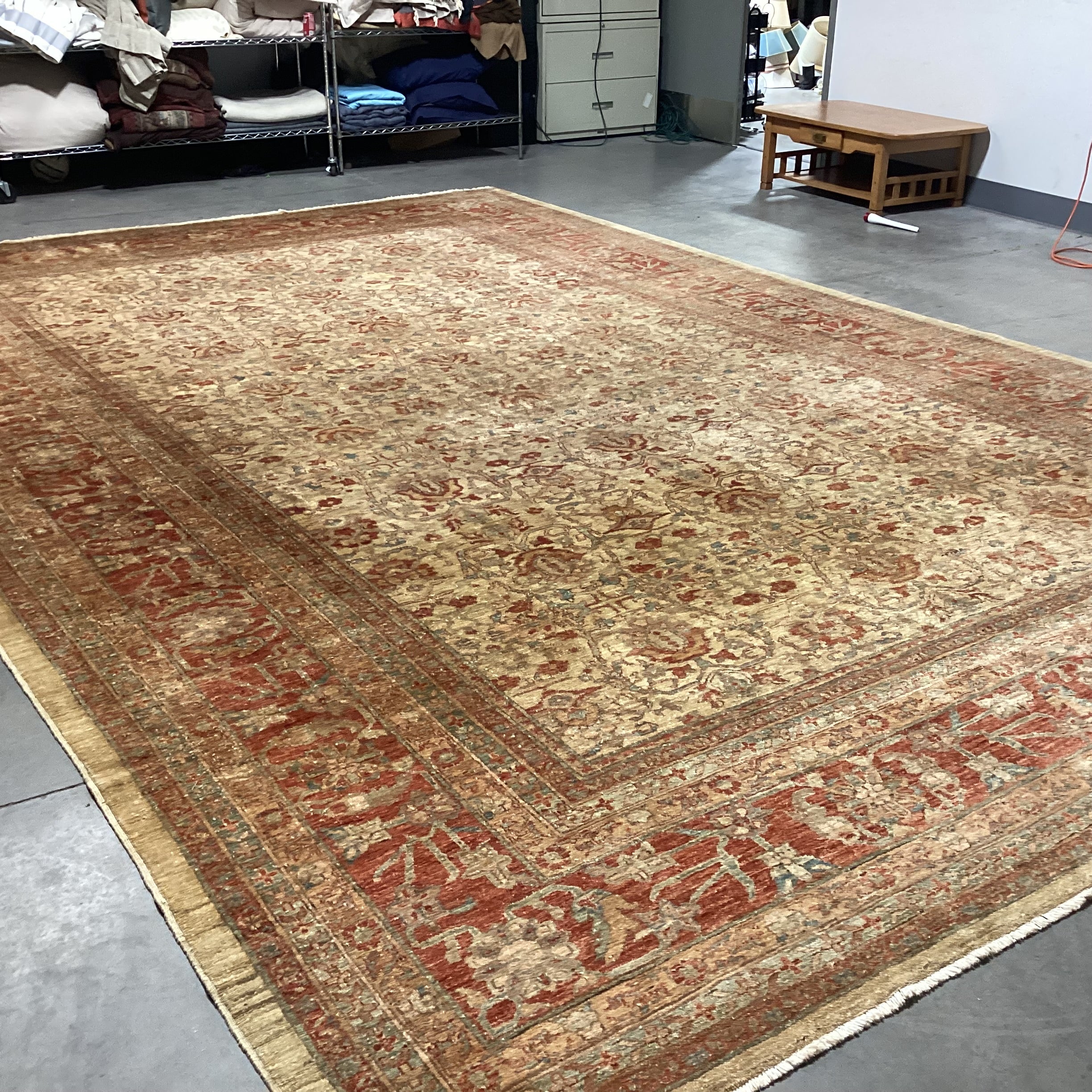 Golden Tan Rust & Blue Hand Woven Wool Rug 12'x 18'