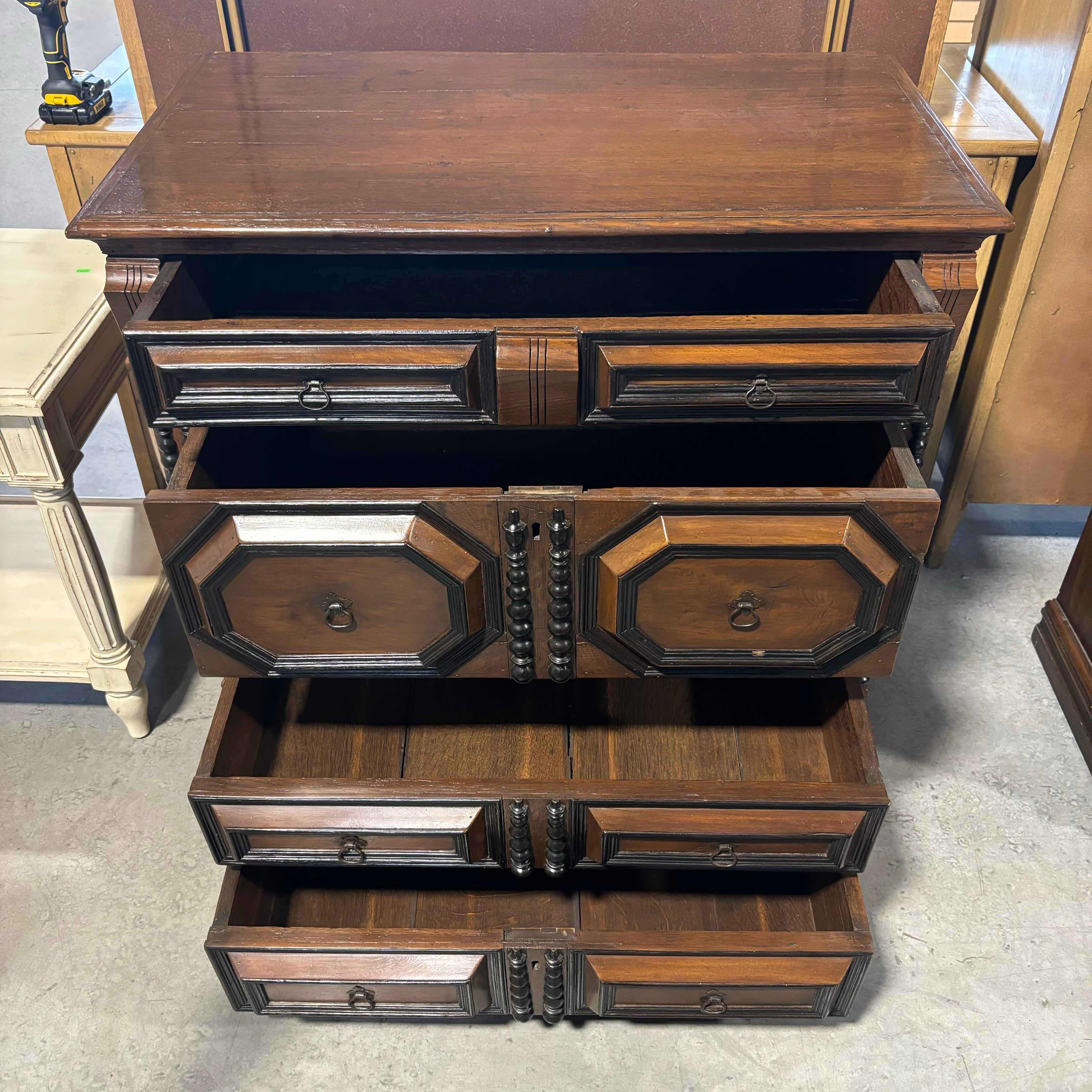 Dark Finish Carved Wood Detail 4 Drawer Rustic Panel Style Dresser 37"x 21"x 39"