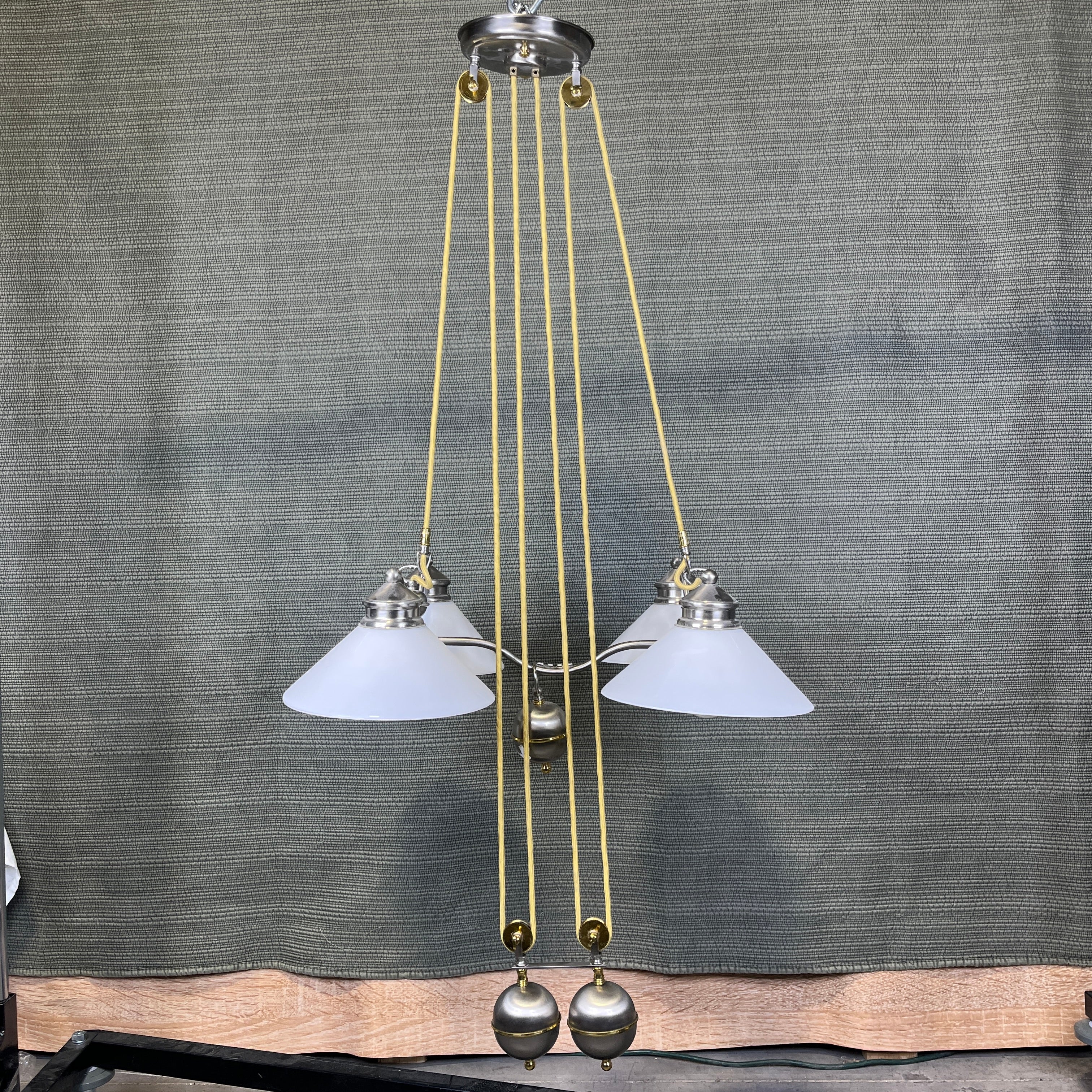 Industrial Style 4-Light Silver and Gold with Milk Glass Shades Counterweight Ceiling Pendant 24"x 22"x 54"