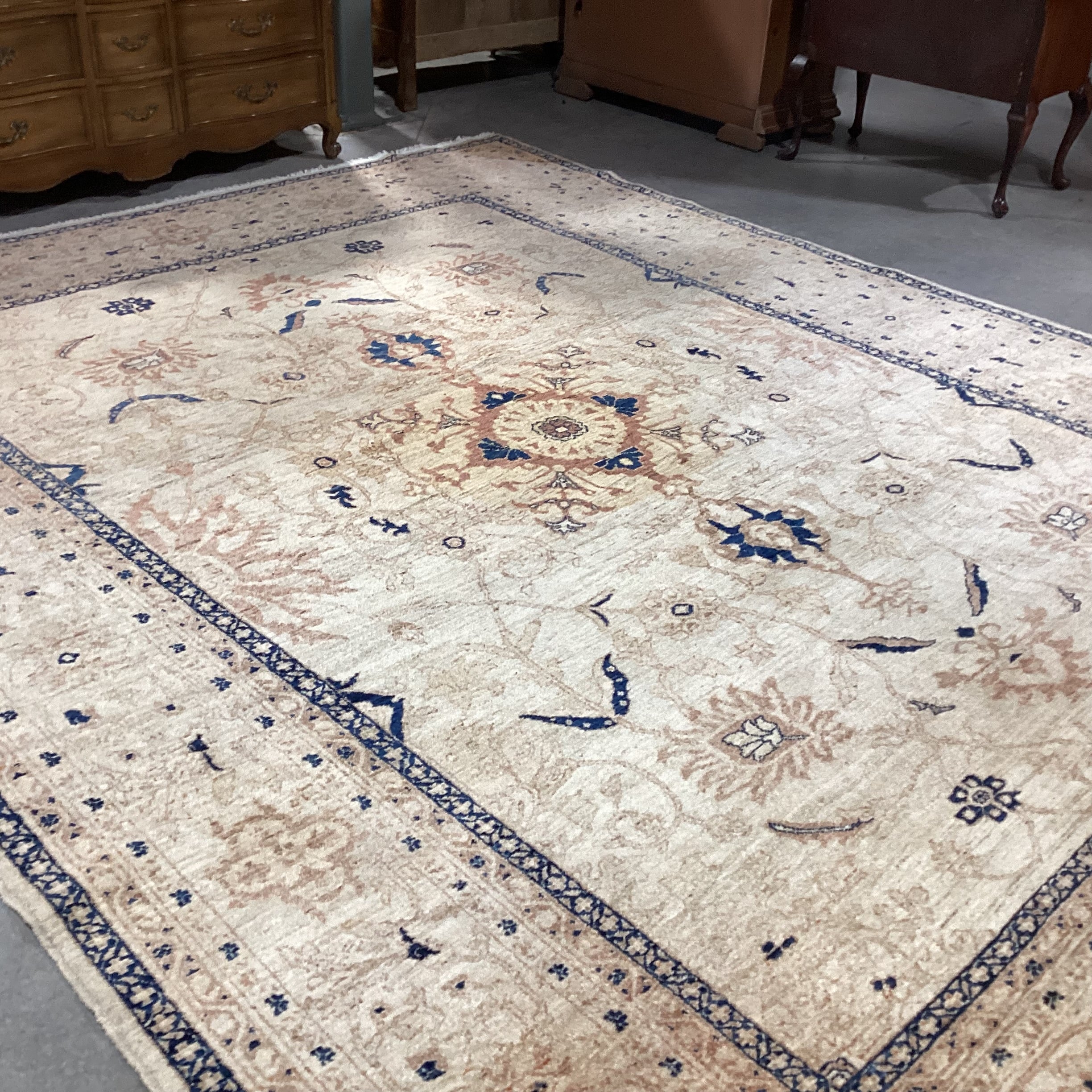 Cream Tan Blue Hand Woven Wool Rug 10' x 12" 9"
