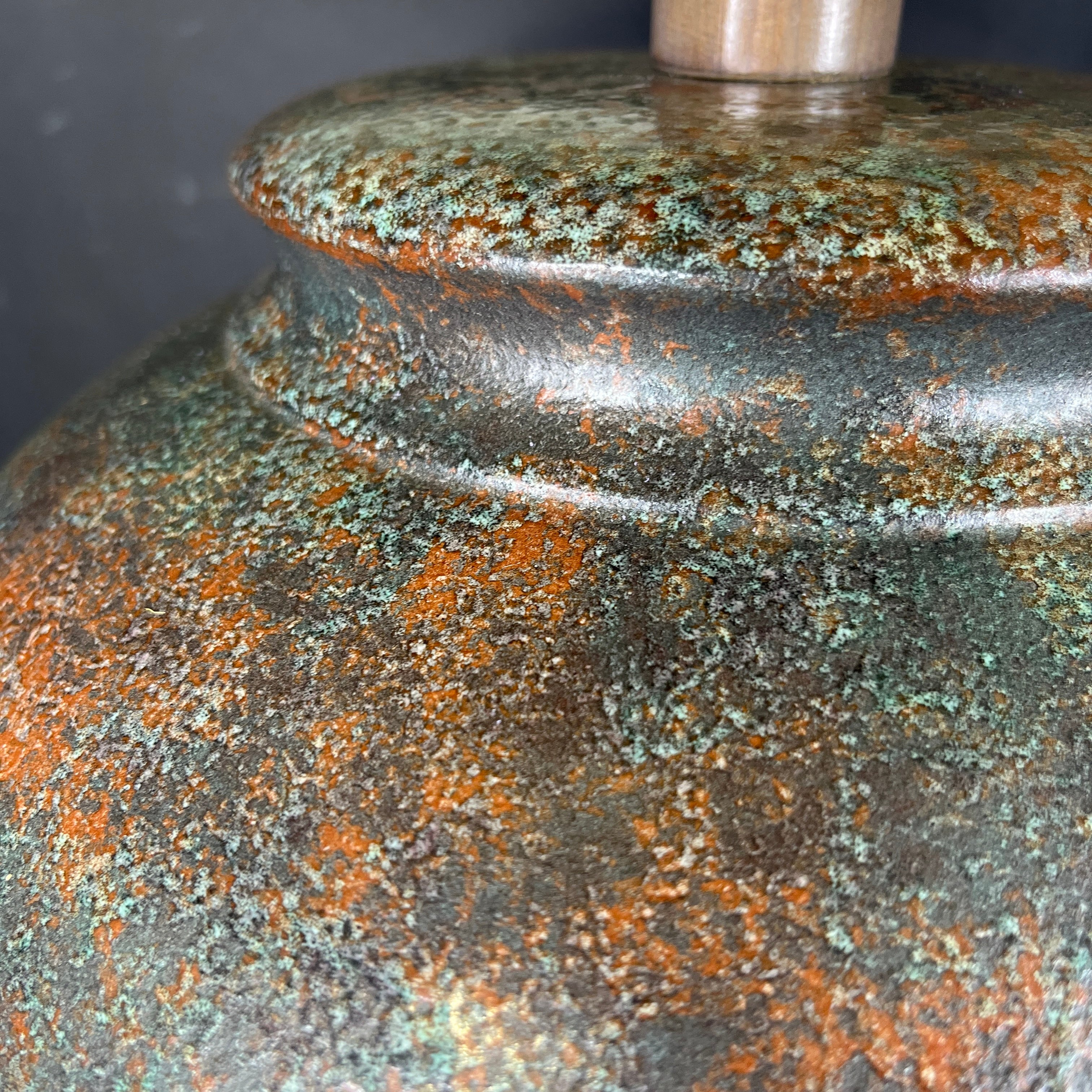 Casual Lamps Green and Rust Textured Metal Vase with Shade Table Lamp 24.5” Diameter @ Shade x 35”