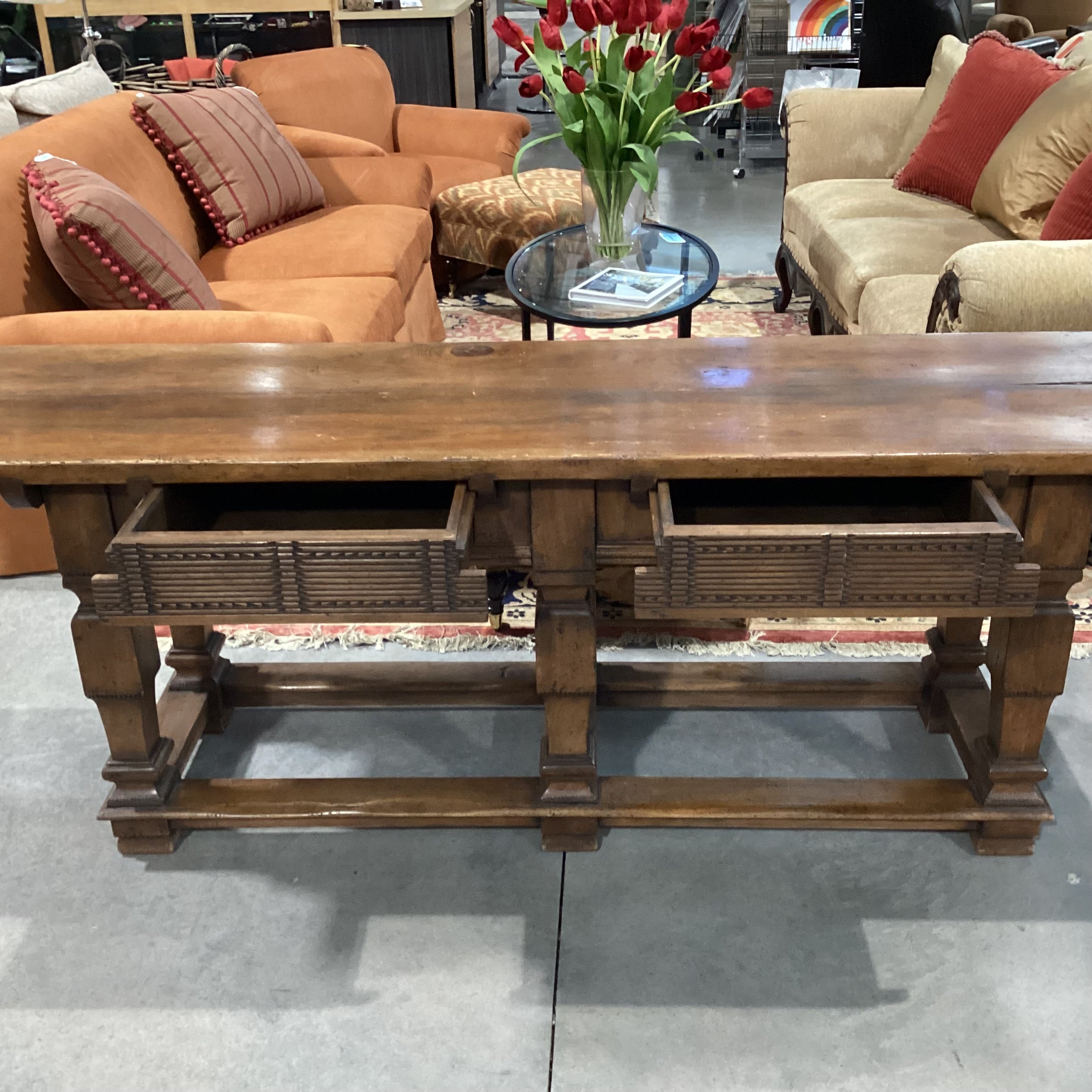 Rustic Distressed Solid Carved Wood 2 Drawer Console Sofa Table 82"x 22"x 30"