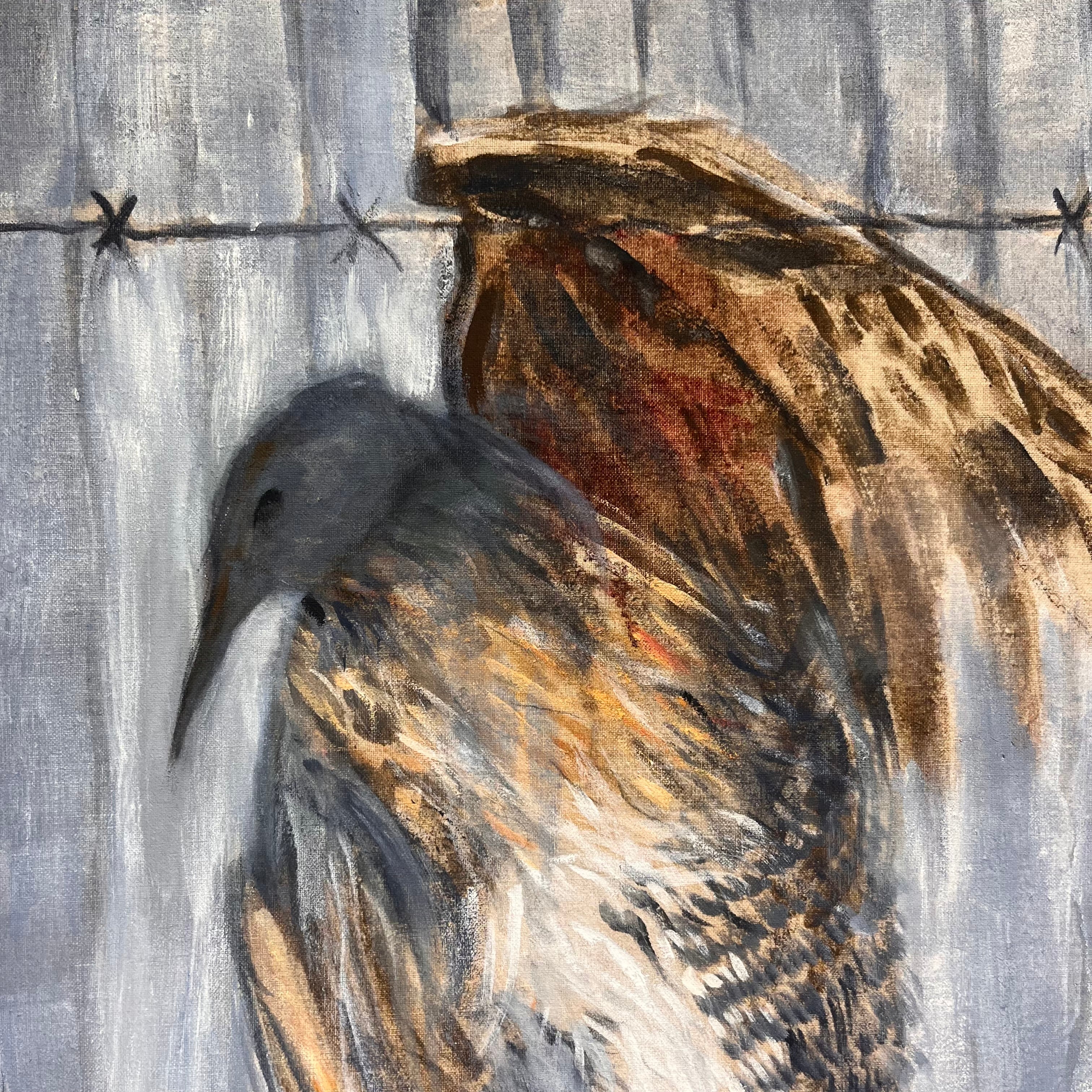 Original Acrylic on Canvas Painting of Bird Caught in Barbed Wire Wall Decor; 24"x 45"