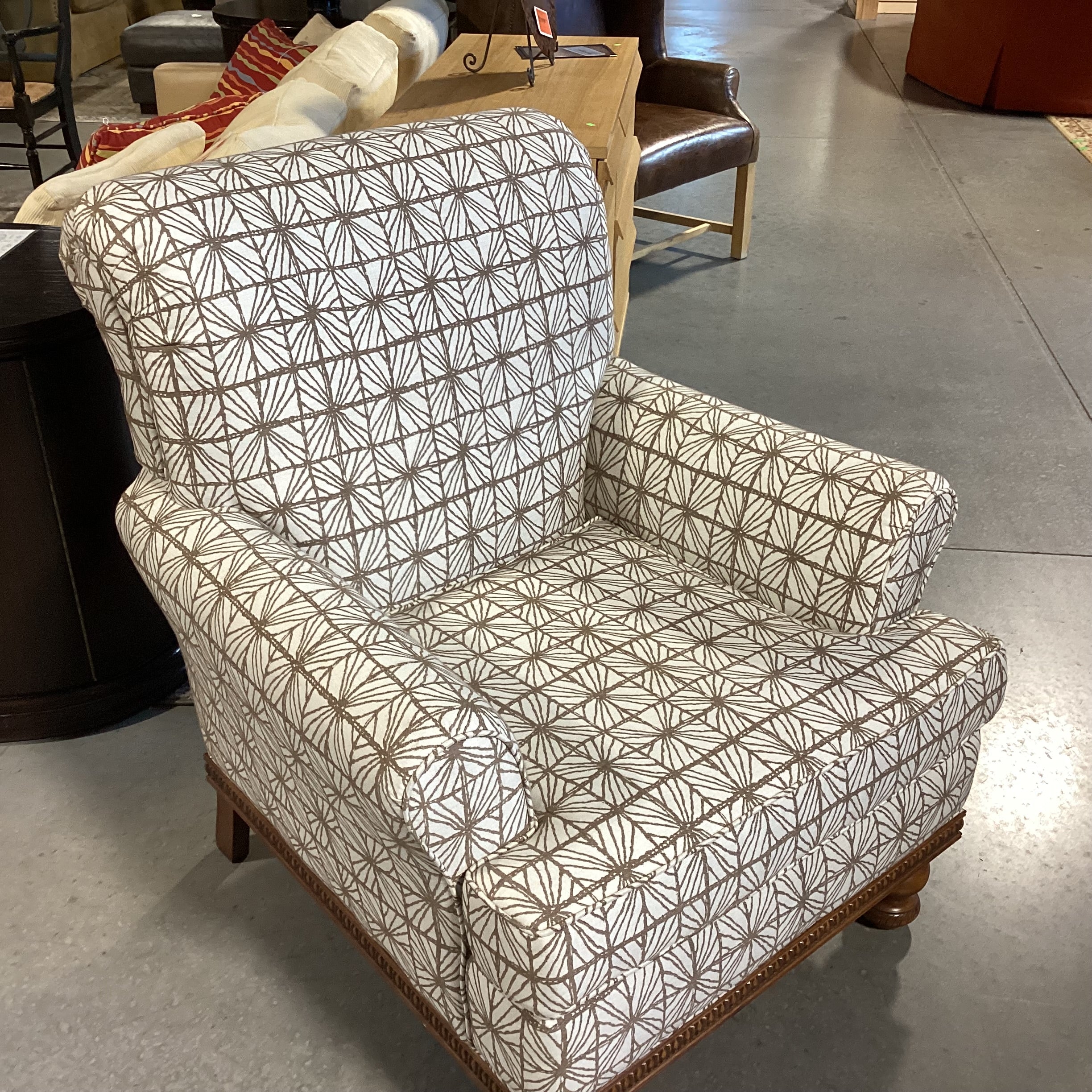Ivory with Taupe Pattern Linen & Carved English Walnut Finish Chair 36"x 36"x 39"