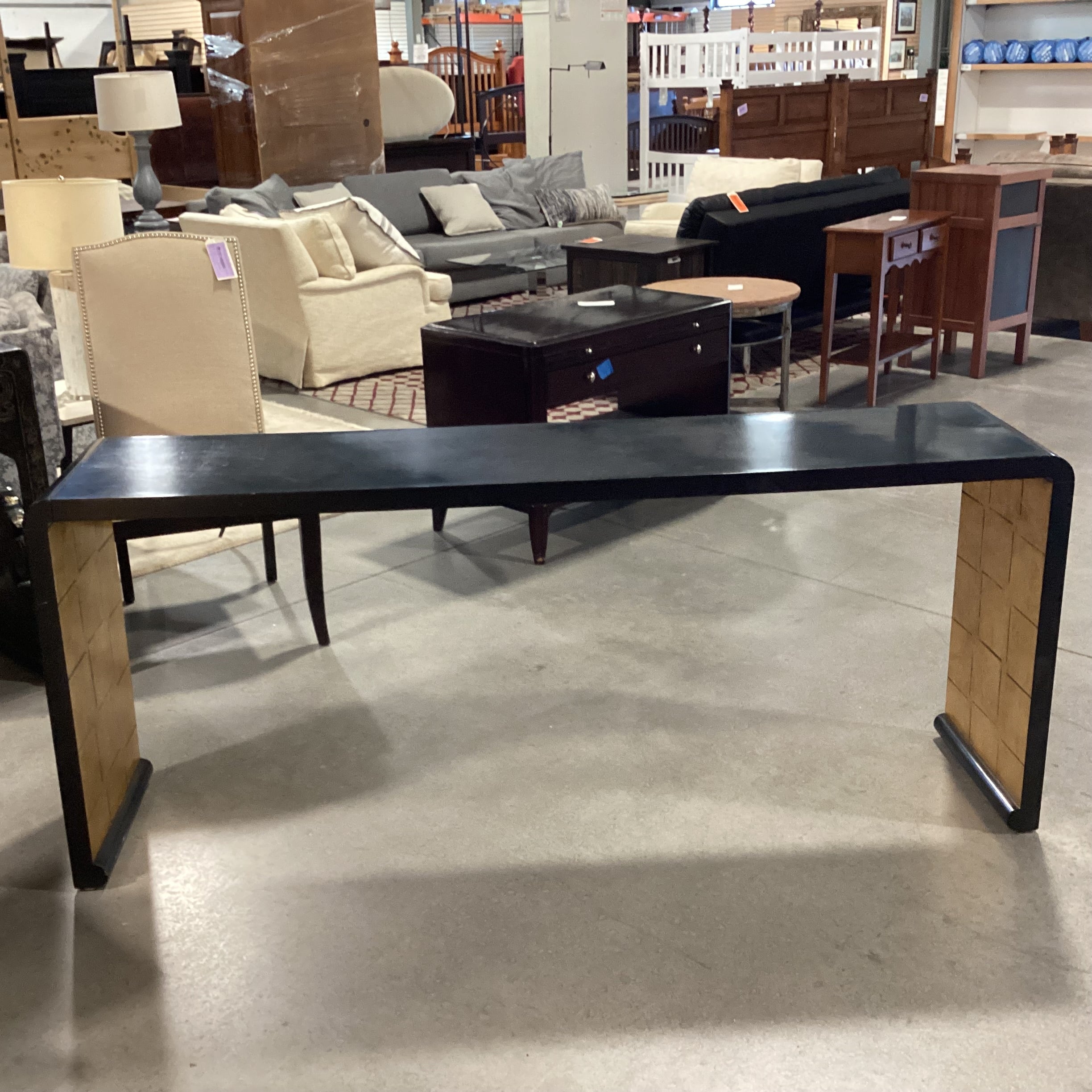 Vintage Black Lacquer & Gold Gilt Console Sofa Table  72"x 16"x 30"