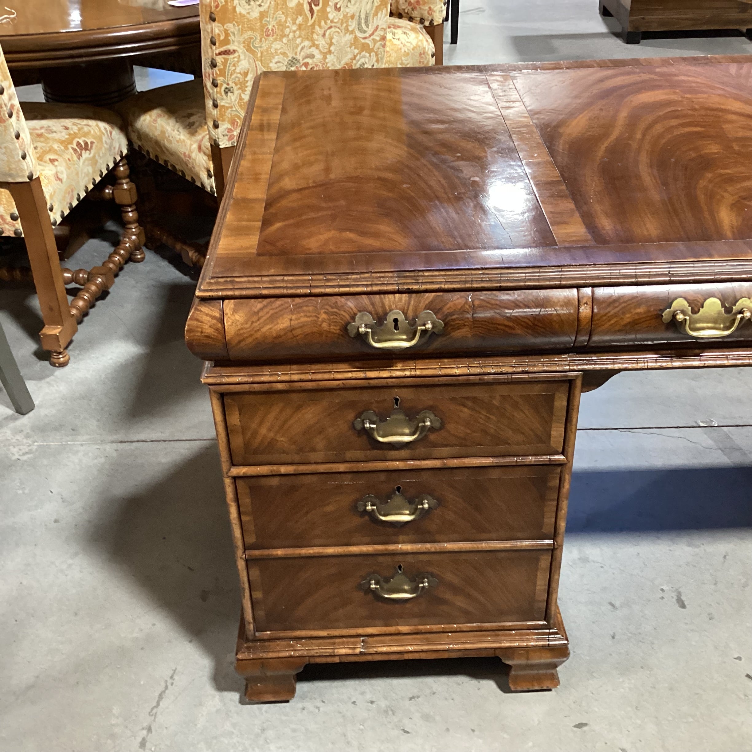 Alfonso Marina Ebastina Delaware Antiqued Primavera Wood & Brass 8 Drawer Desk 73"x 36"x 31"