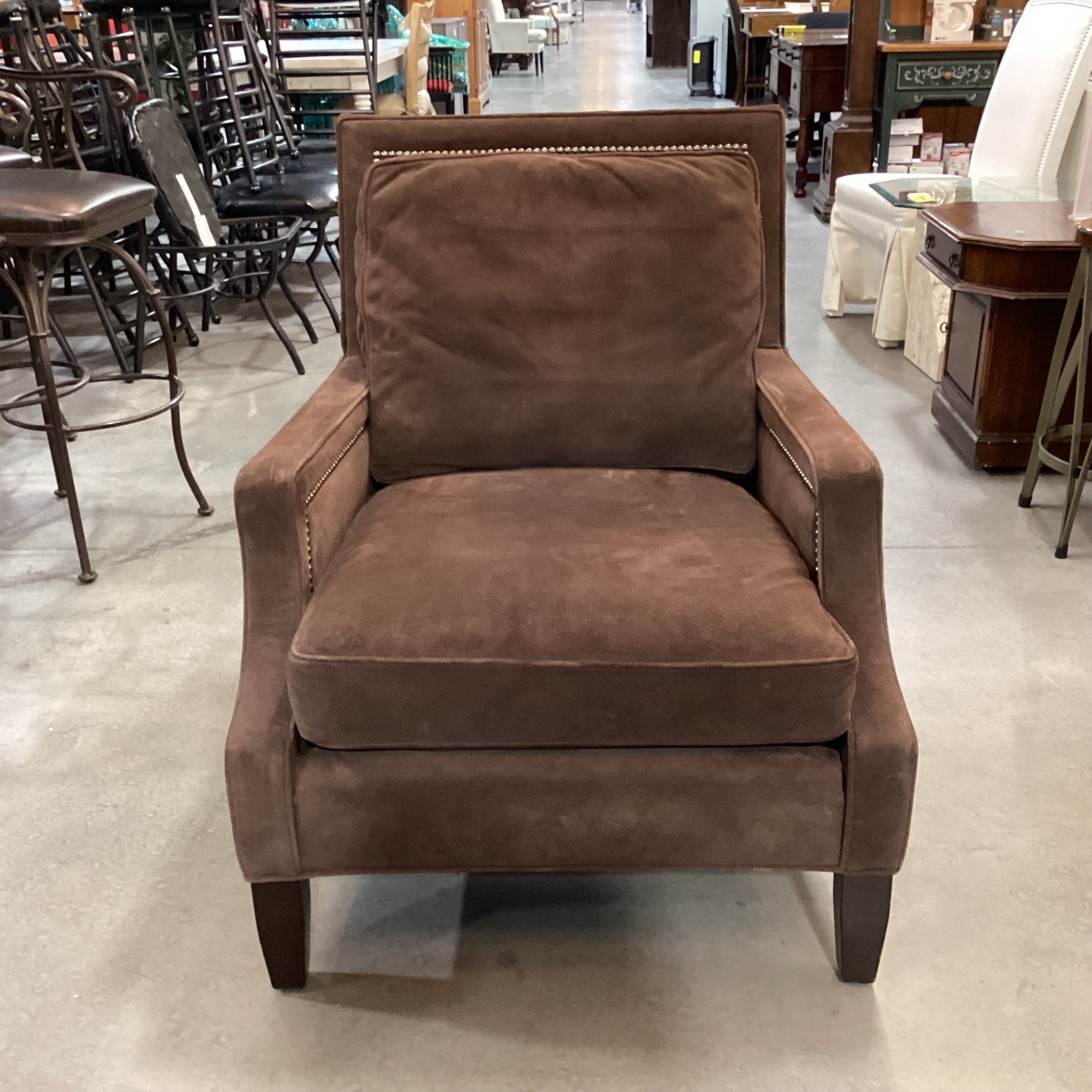 Wesley Hall Chocolate Suede Nailhead Chair 30"x 24"x 37"