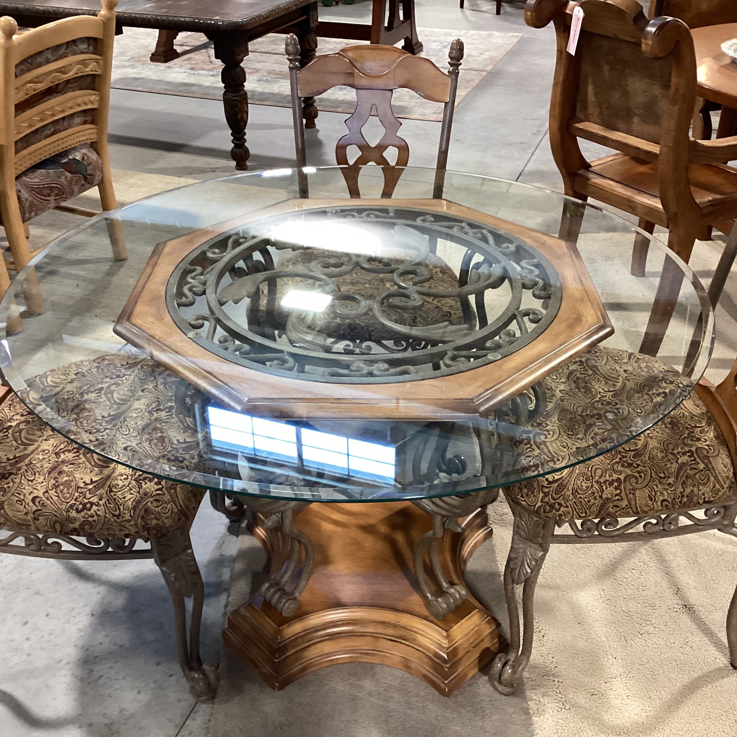 Ashley Ornate Iron Wood & Round Glass Table with 4 Chairs Dining Set 48" Diameter x 30"
