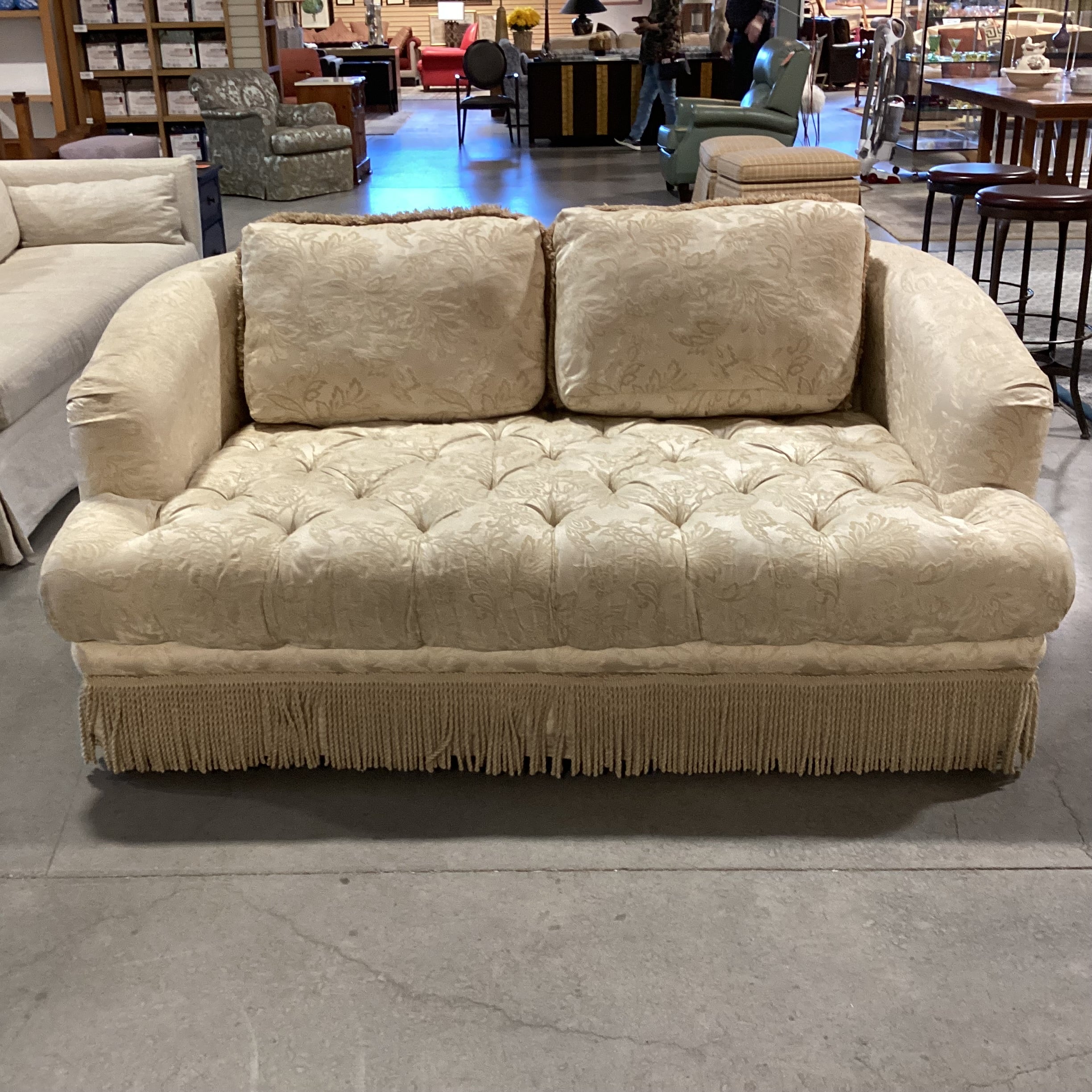 Cream Gold Raised Floral Tufted with Fringe Sofa 71"x 39"x 33"