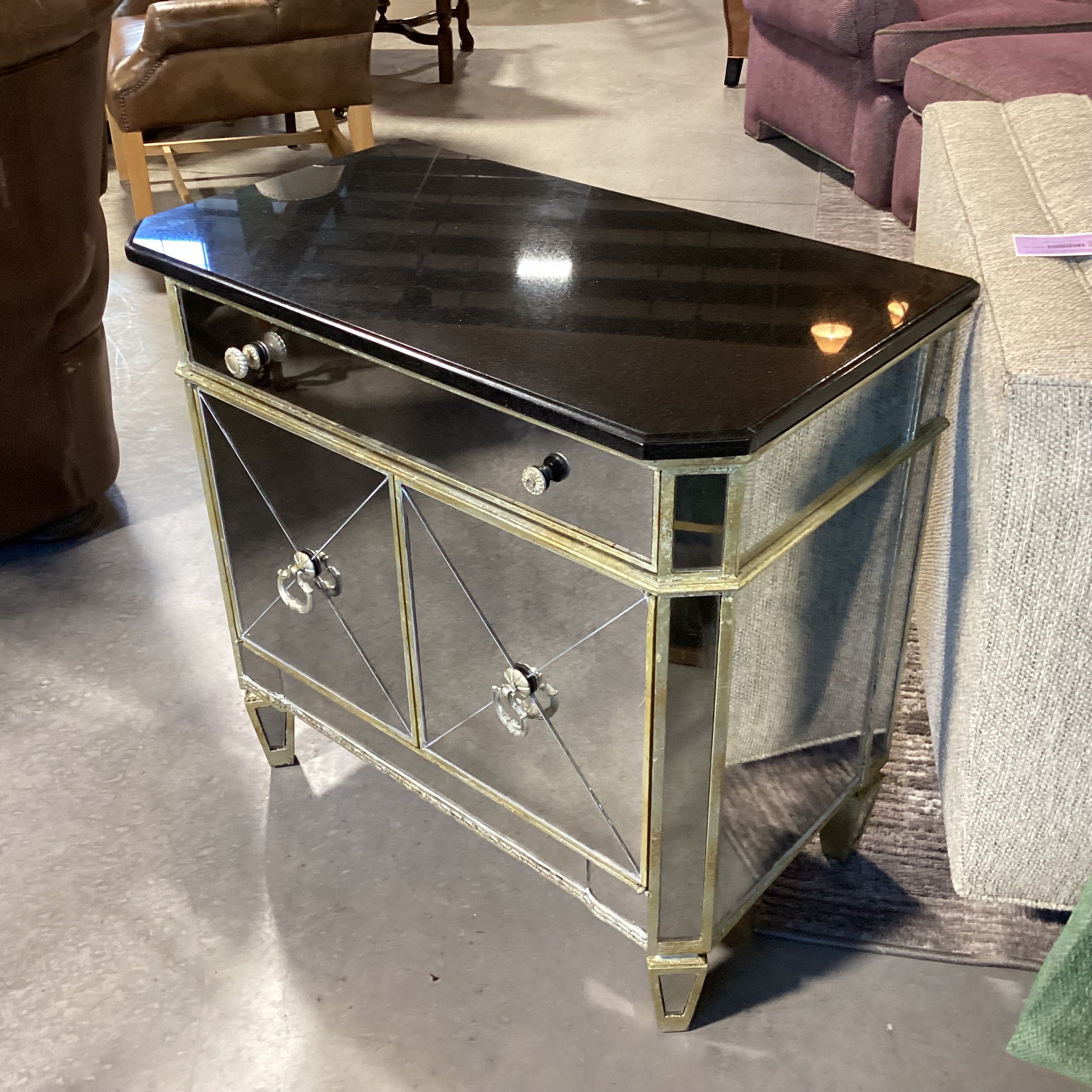Antiqued Gold with Mirror & Black Granite Top 2 Door Night Stand 30.5"x 17.5"x 29"