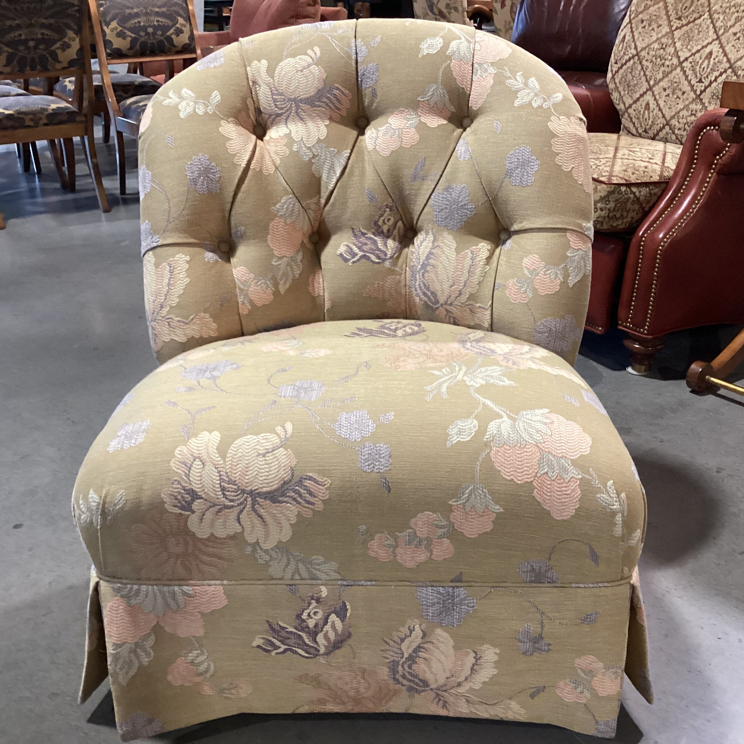 Custom Gold with Peach & Lavender Raised Stitch Floral Button Tufted with Ottoman Chair  31"x 34"x 35"