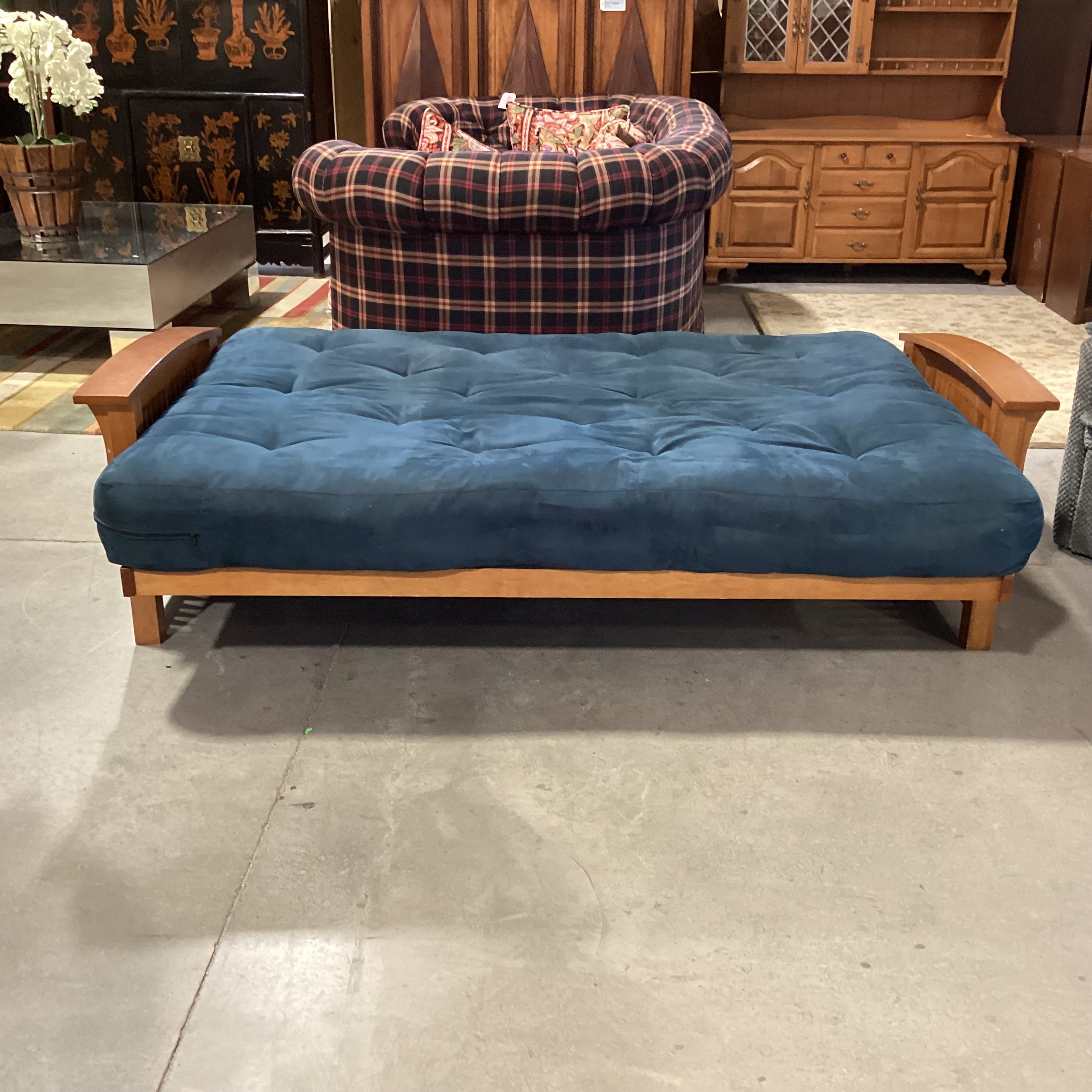 Wood Frame & Blue Micro Suede Cushion Futon Sofa 83"x 41" to 55"x 35"