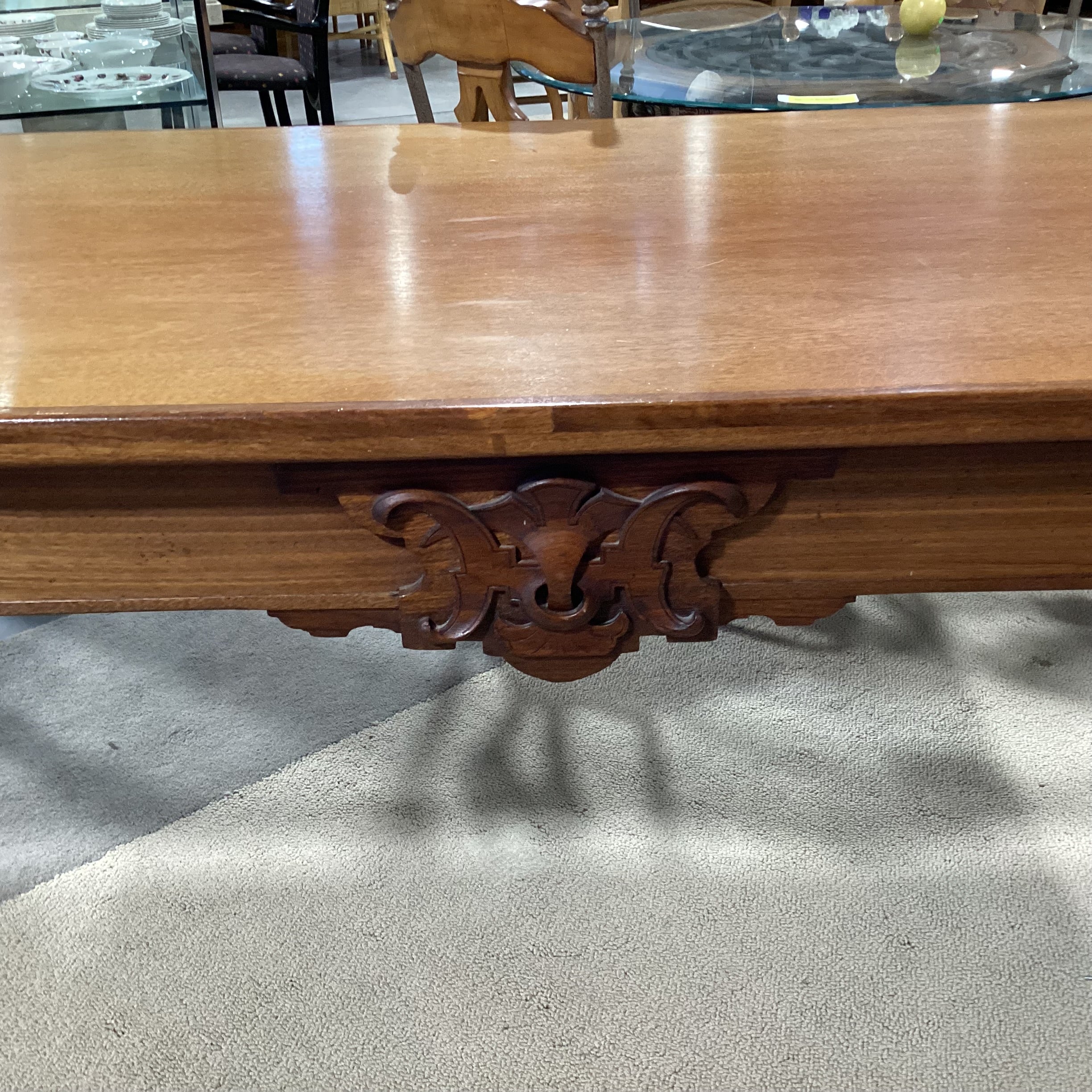 Antique Oak with Carved Detail on Casters Dining Table 98"x 42"x 32"