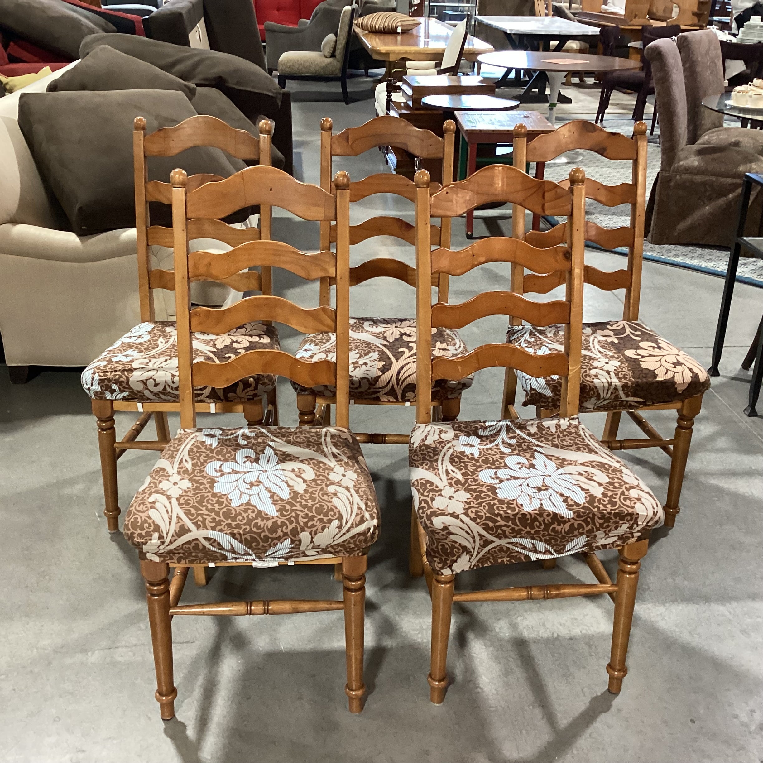 SET of 5 Carved Wood Ladder Back with Multi Design Slip Covers Dining Chairs 19"x 18"x 40"