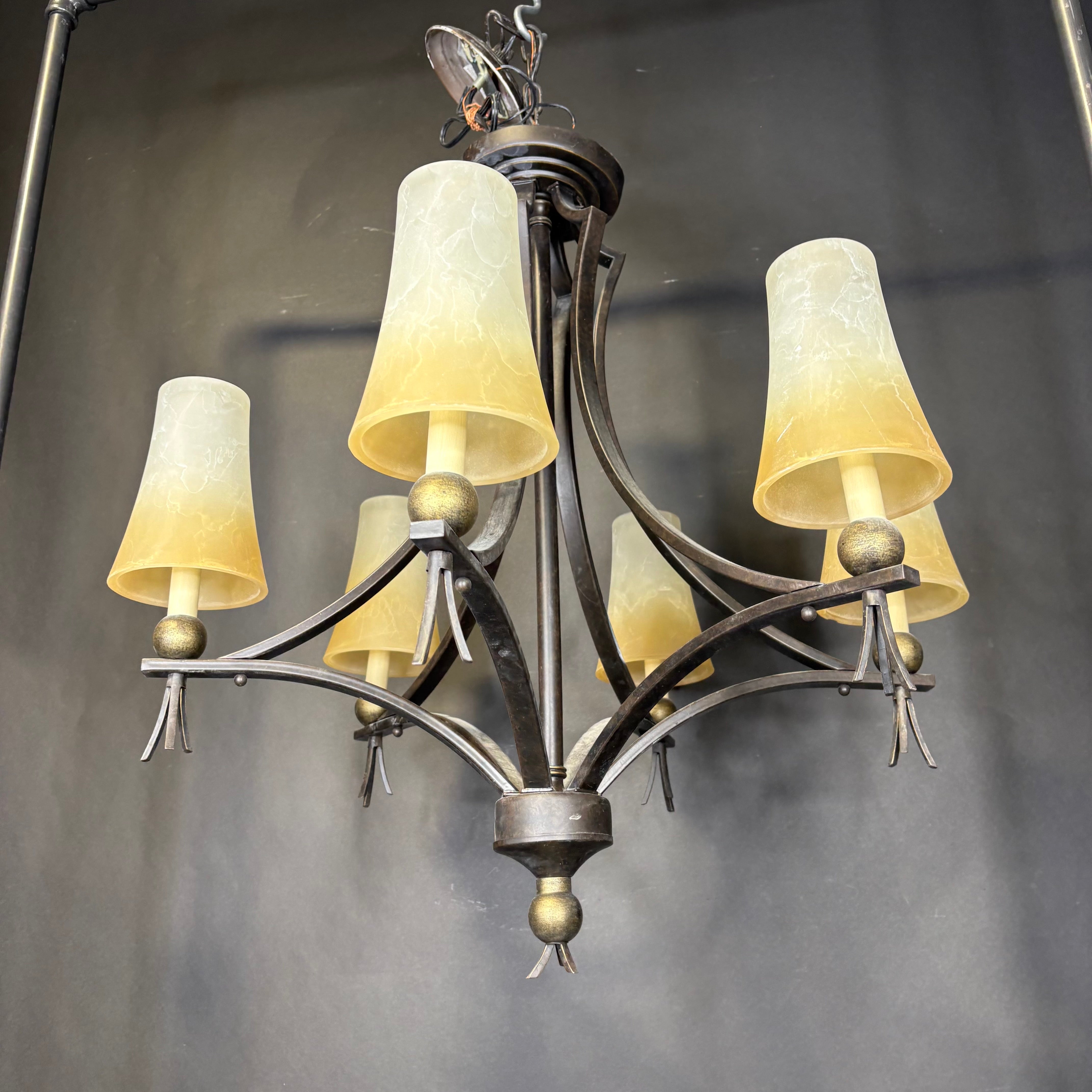 Traditional 6-Light Bronze and Gold Painted Metal with Ombré Glass Shades Chandelier 27” Diameter x 37”