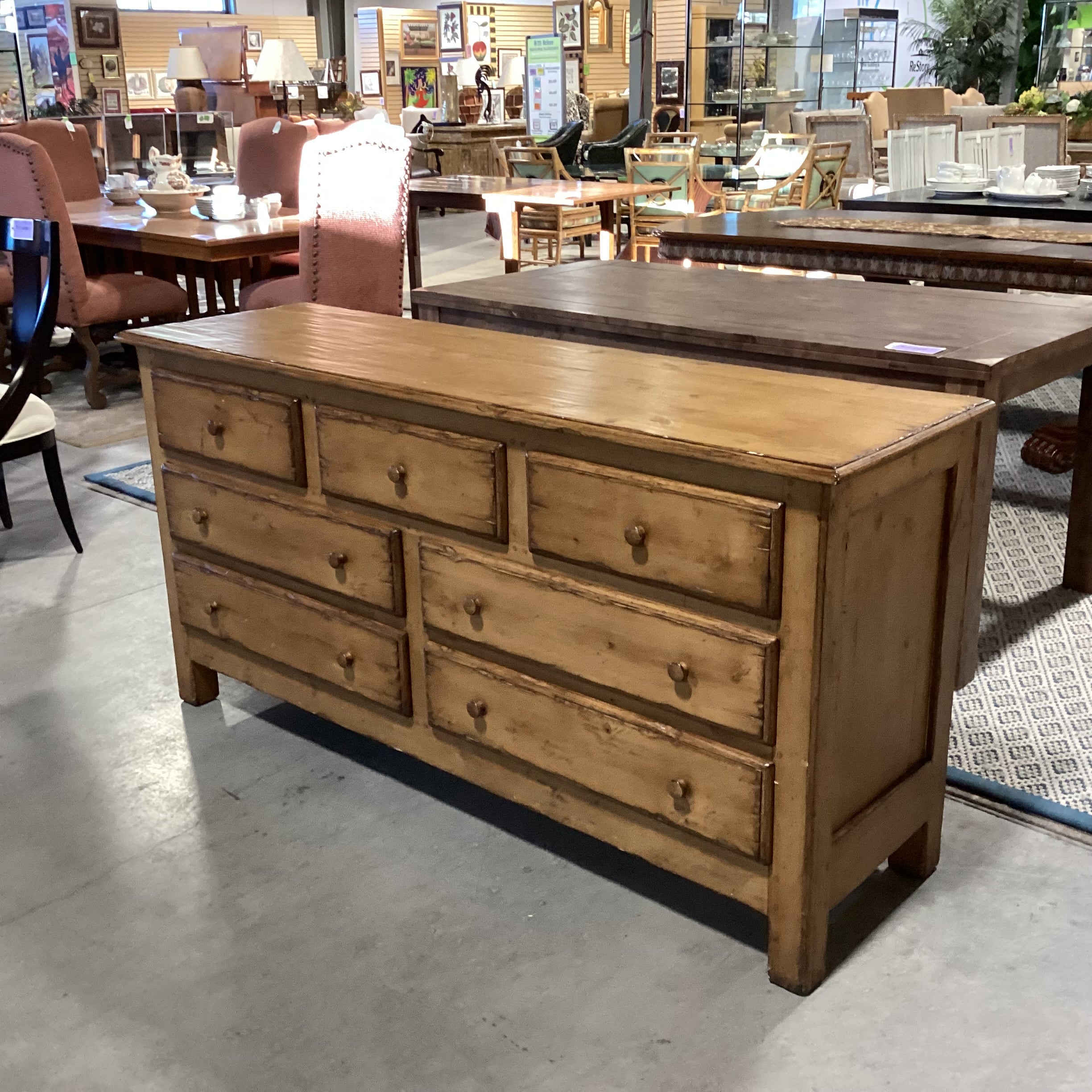 Woodland Furniture Distressed Finish Solid Wood 7 Drawer Dresser 68"x 20"x 34"